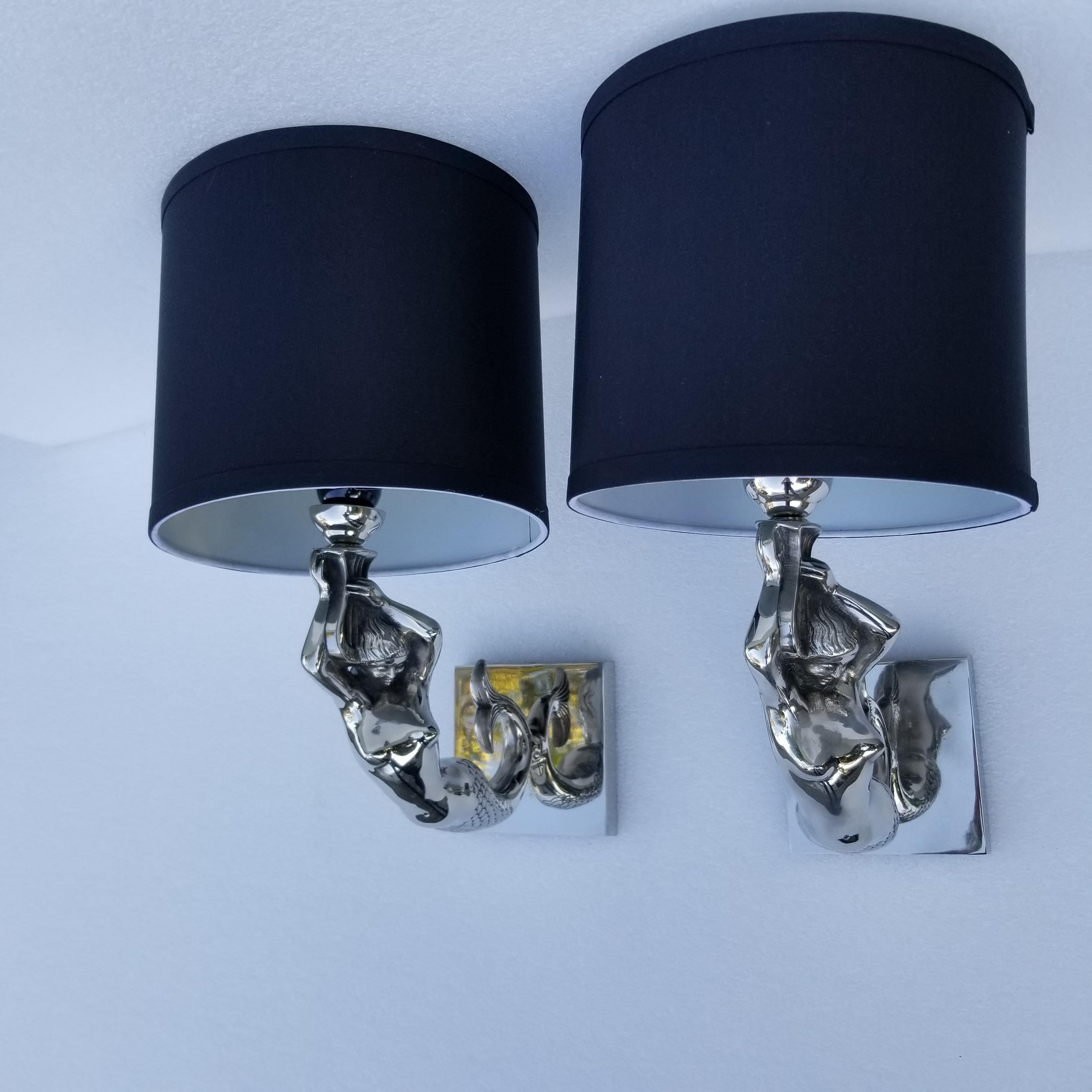 Pair of Impressive Nickel-Plated Bronze Mermaid Sconces In Good Condition For Sale In Miami, FL