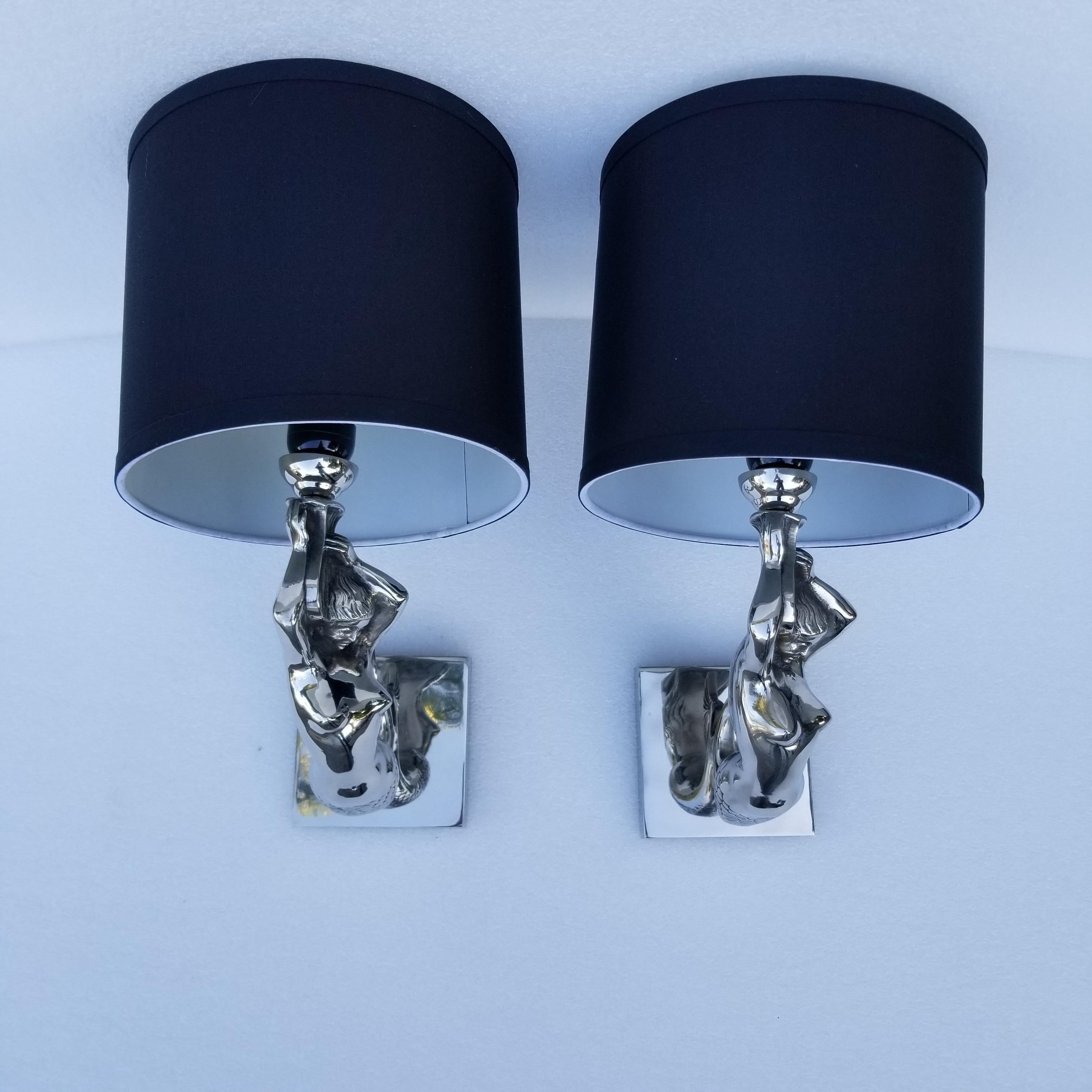 Mid-20th Century Pair of Impressive Nickel-Plated Bronze Mermaid Sconces For Sale