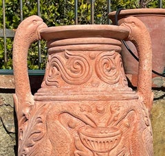 Pair of Impruneta Terracotta Amphoras Decorated with Swans, 20th Century