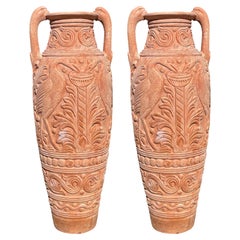 Pair of Impruneta Terracotta Amphoras Decorated with Swans, 20th Century