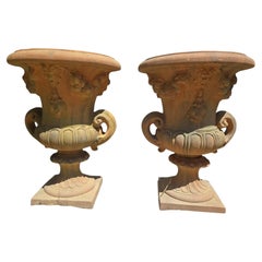 Pair of Impruneta Terracotta Urns with Masks and Floral Garlands, Italy, 1960s