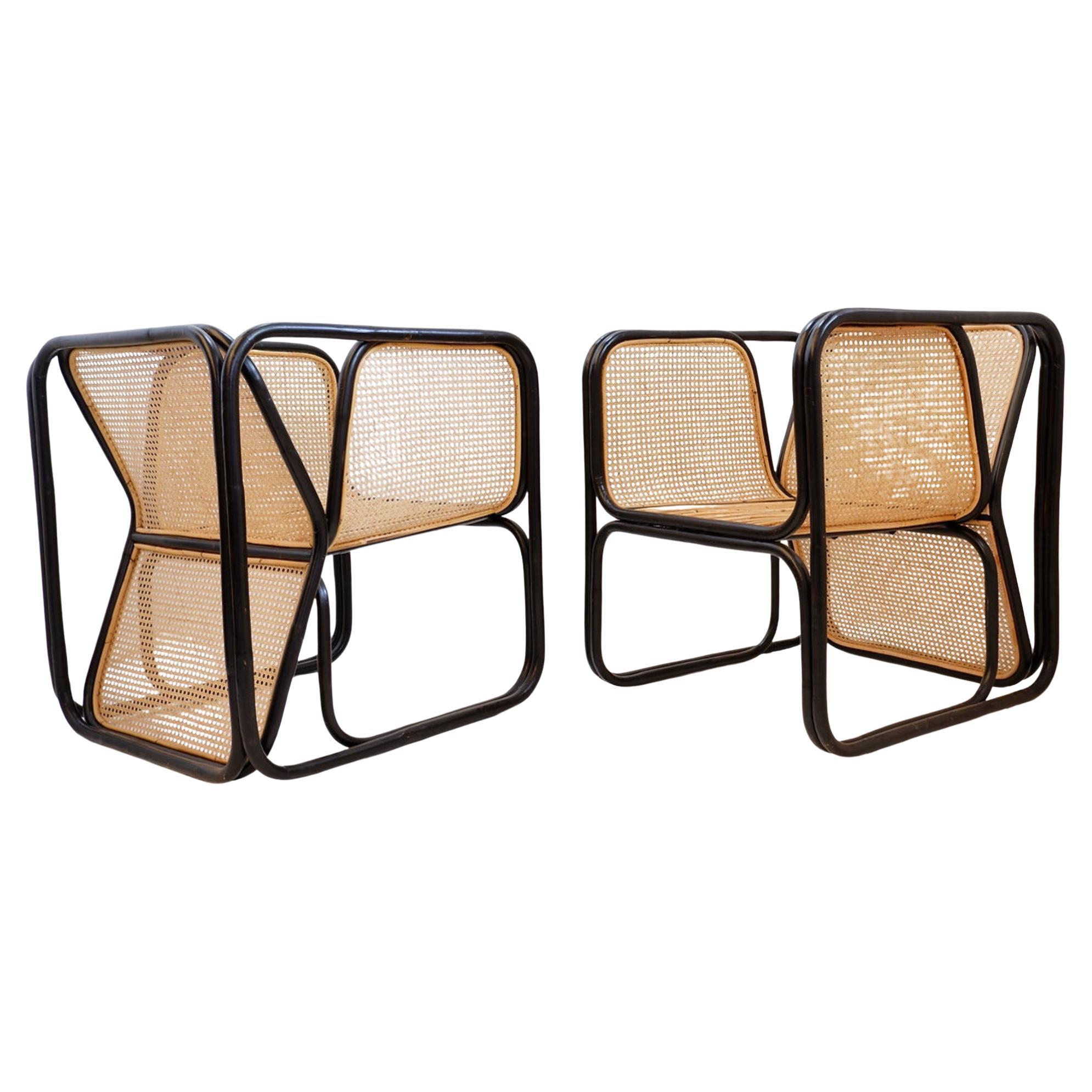 Pair of in curved wood and Wicker Design Armchairs Jan Bocan Style