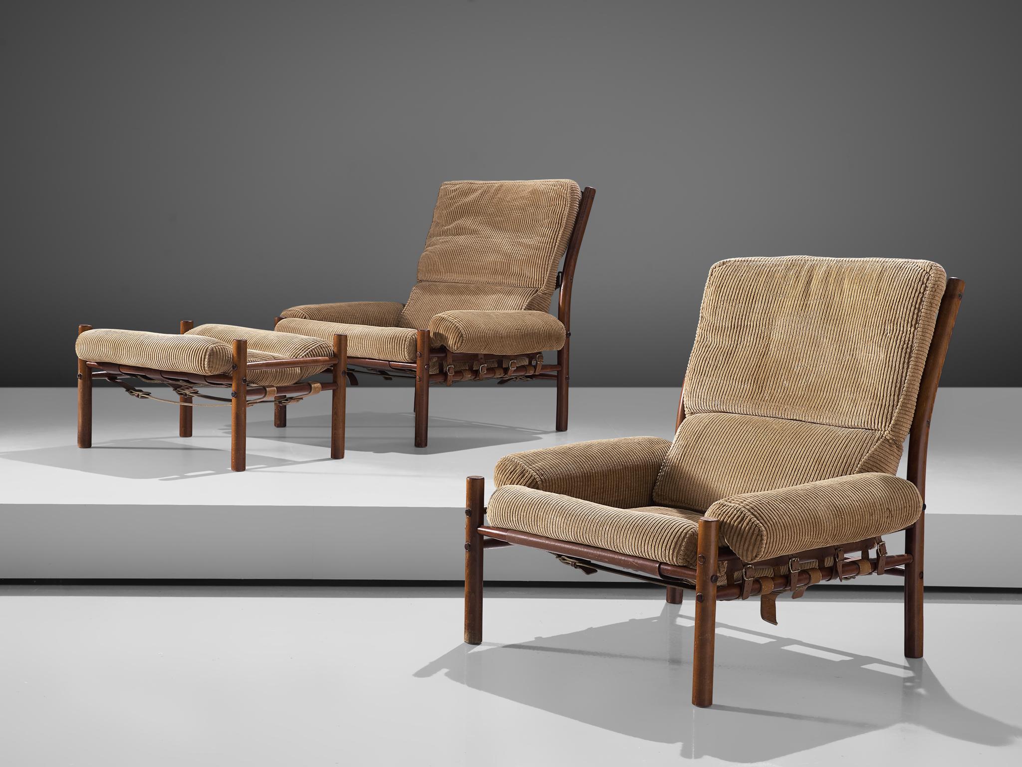 Arne Norell, 'Inca' lounge chair with ottoman, fabric, beech and leather, Sweden, 1965.

The iconic 'Inca' lounge chairs with ottoman in a sand color corduroy, designed by Arne Norell. The frame is made from stained beech. Moreover, the base of