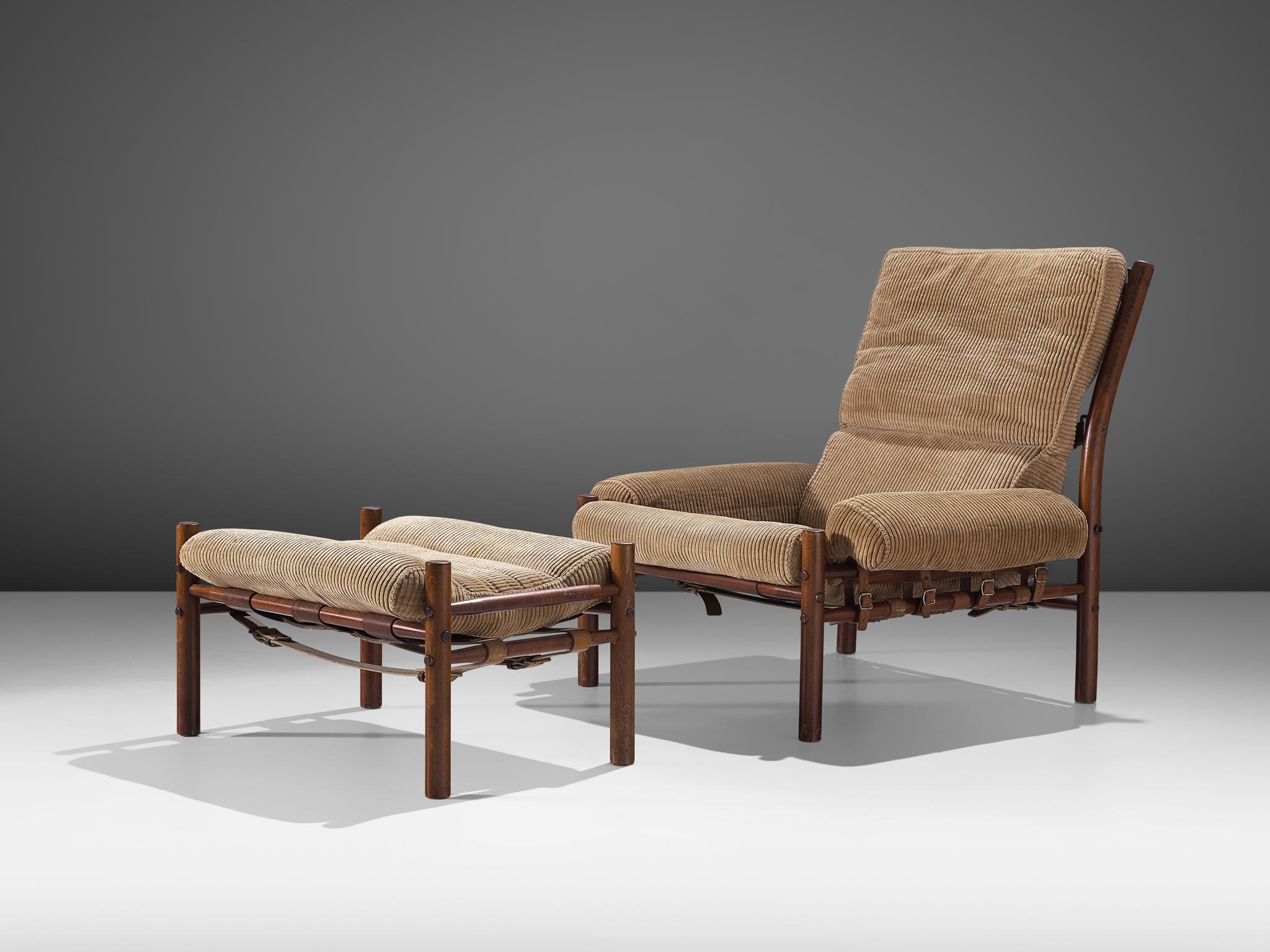 Scandinavian Modern Pair of 'Inca' Lounge Chairs with Ottoman in Corduroy by Arne Norell