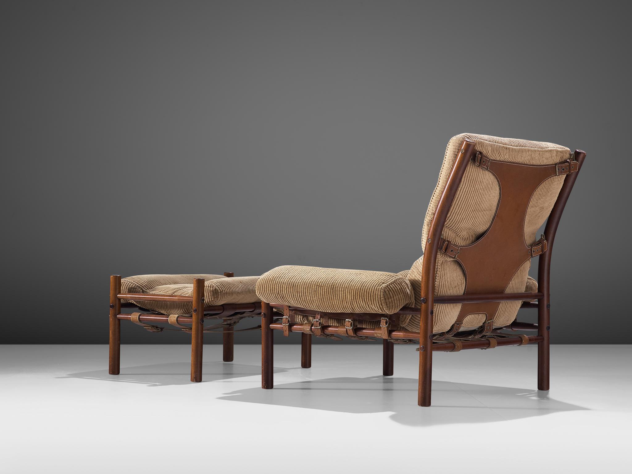 Swedish Pair of 'Inca' Lounge Chairs with Ottoman in Corduroy by Arne Norell