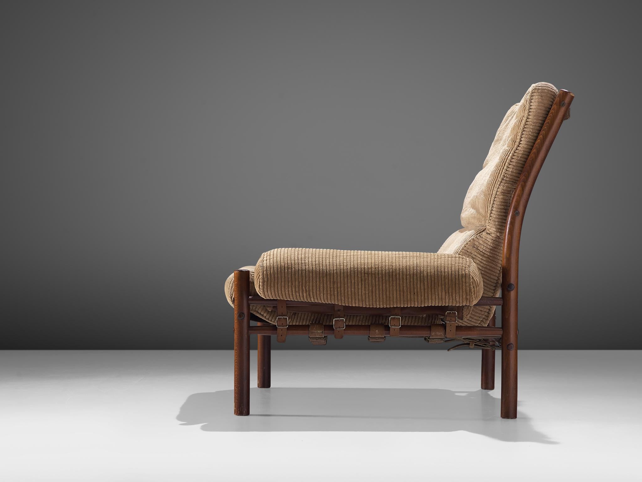 Leather Pair of 'Inca' Lounge Chairs with Ottoman in Corduroy by Arne Norell