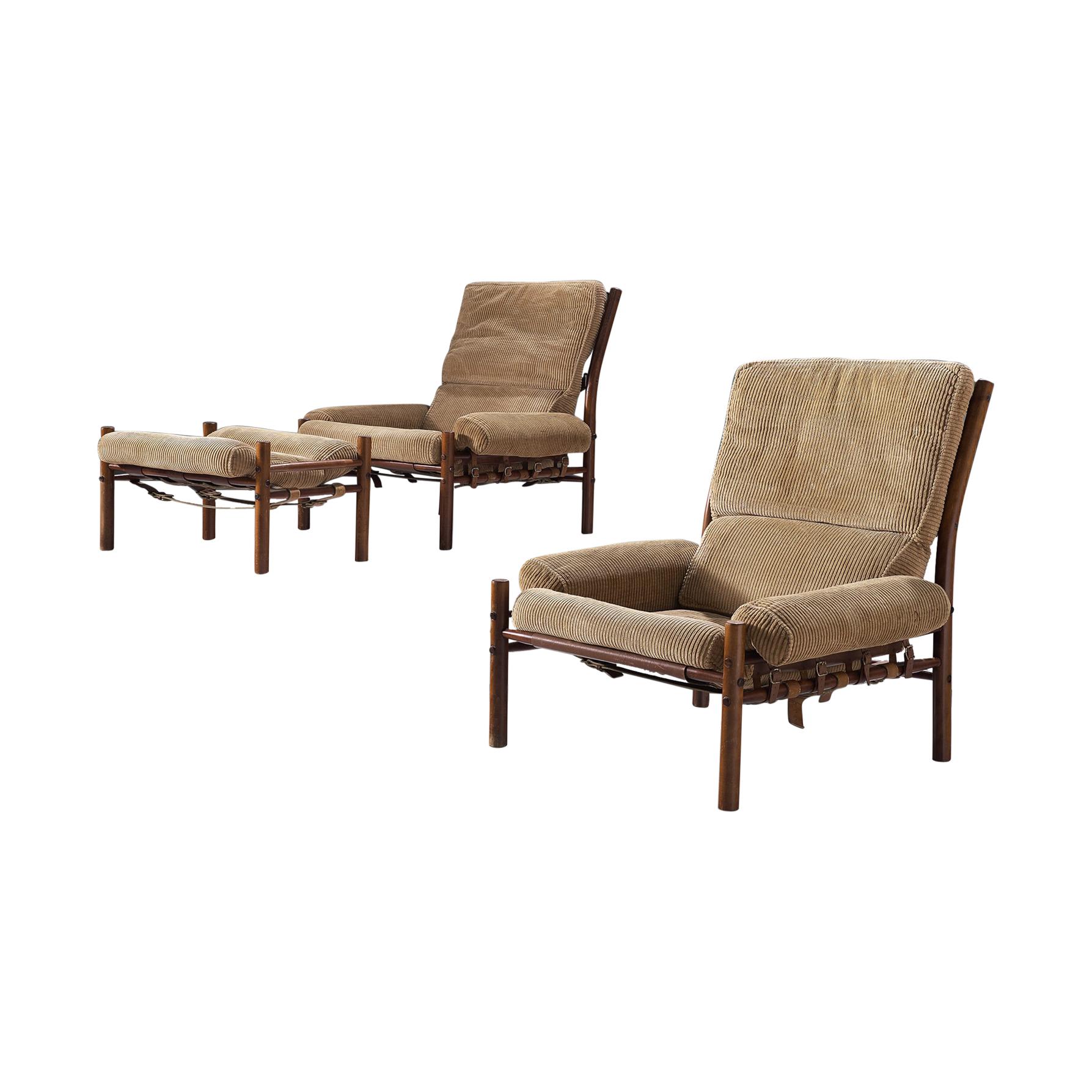 Pair Of Lounge Chairs With Ottoman In Black Leather By Percival