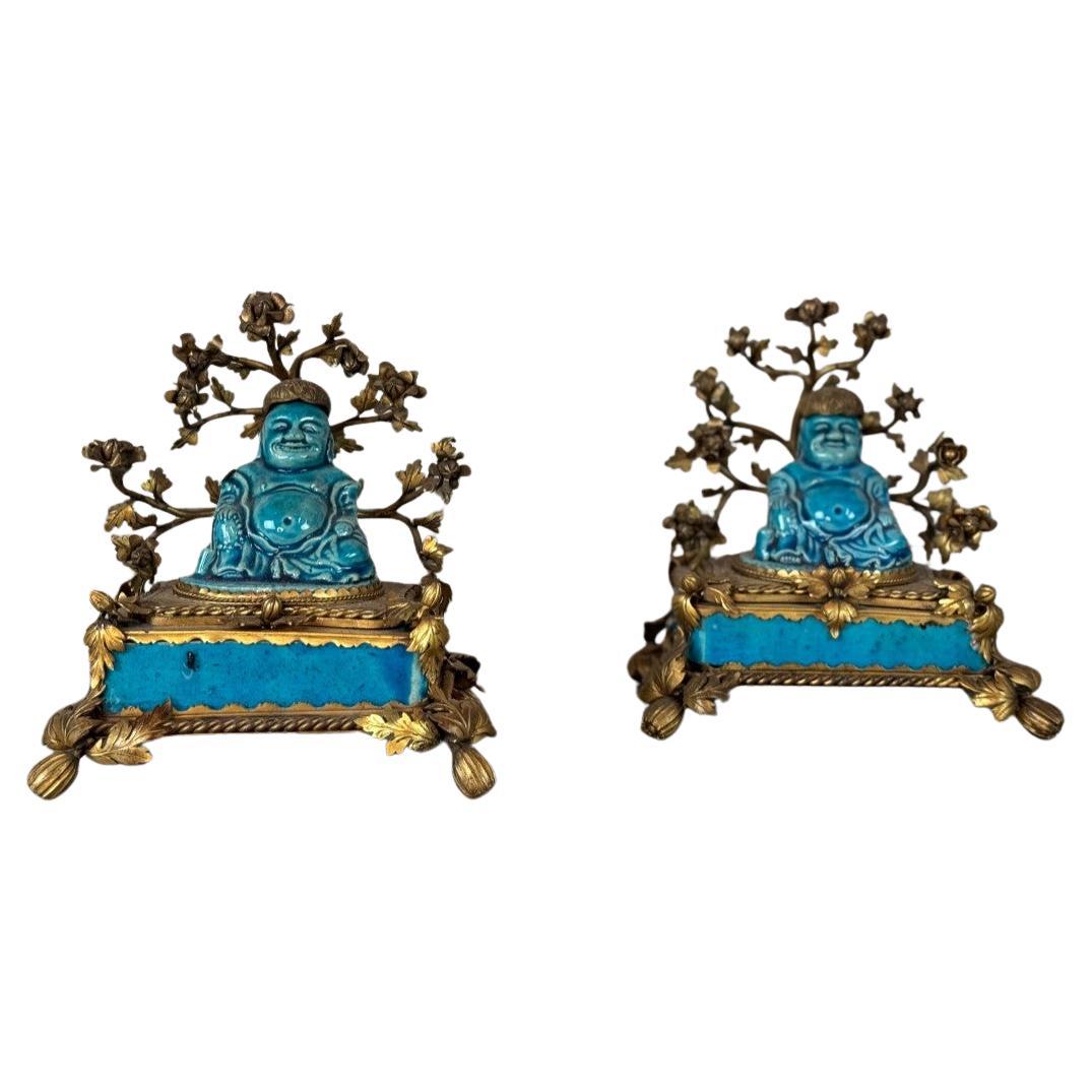Paire de porte-baguettes d'encens, Pussah, porcelaine chinoise turquoise de Jingdezh en vente