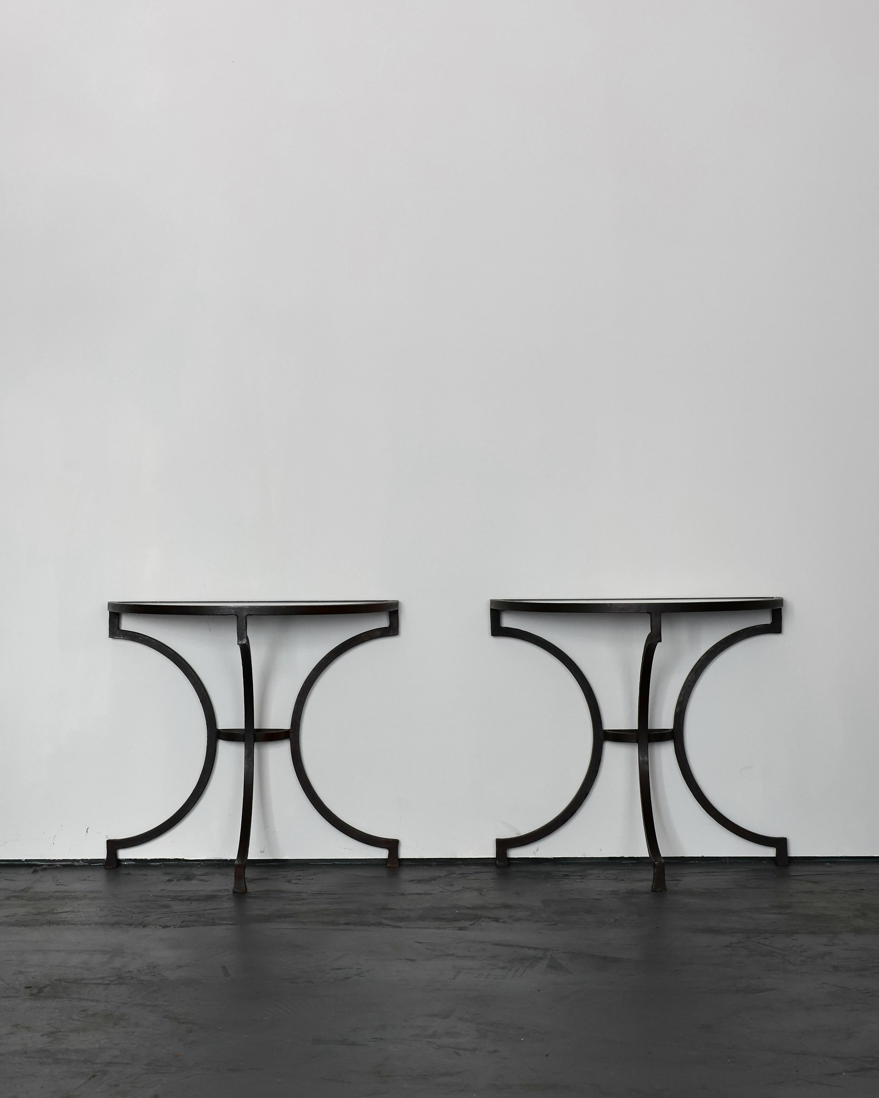 Pair Of Incredible Marble & Iron Demi Lune Spanish Console Tables For Sale 6