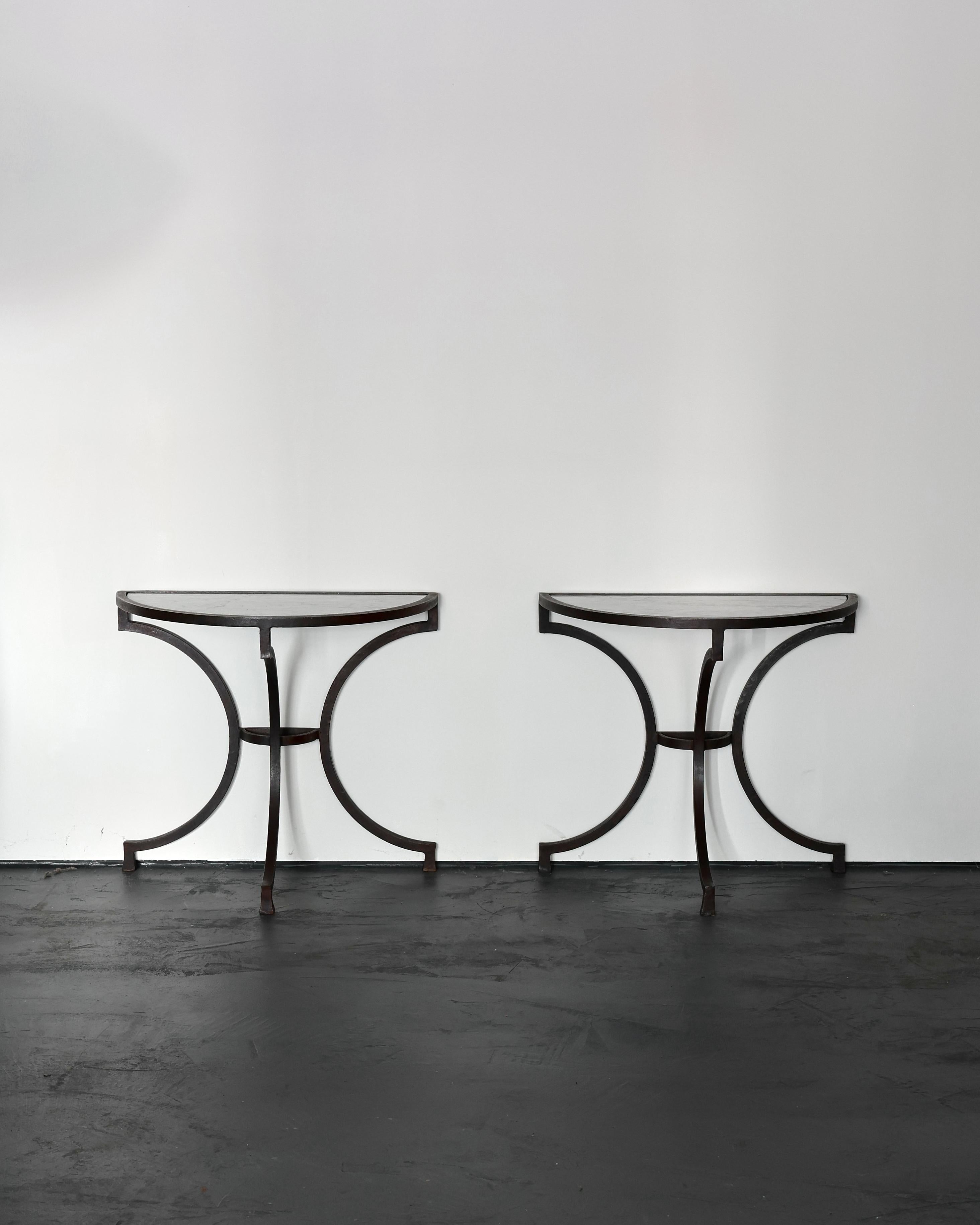Pair Of Incredible Marble & Iron Demi Lune Spanish Console Tables In Good Condition For Sale In London, GB