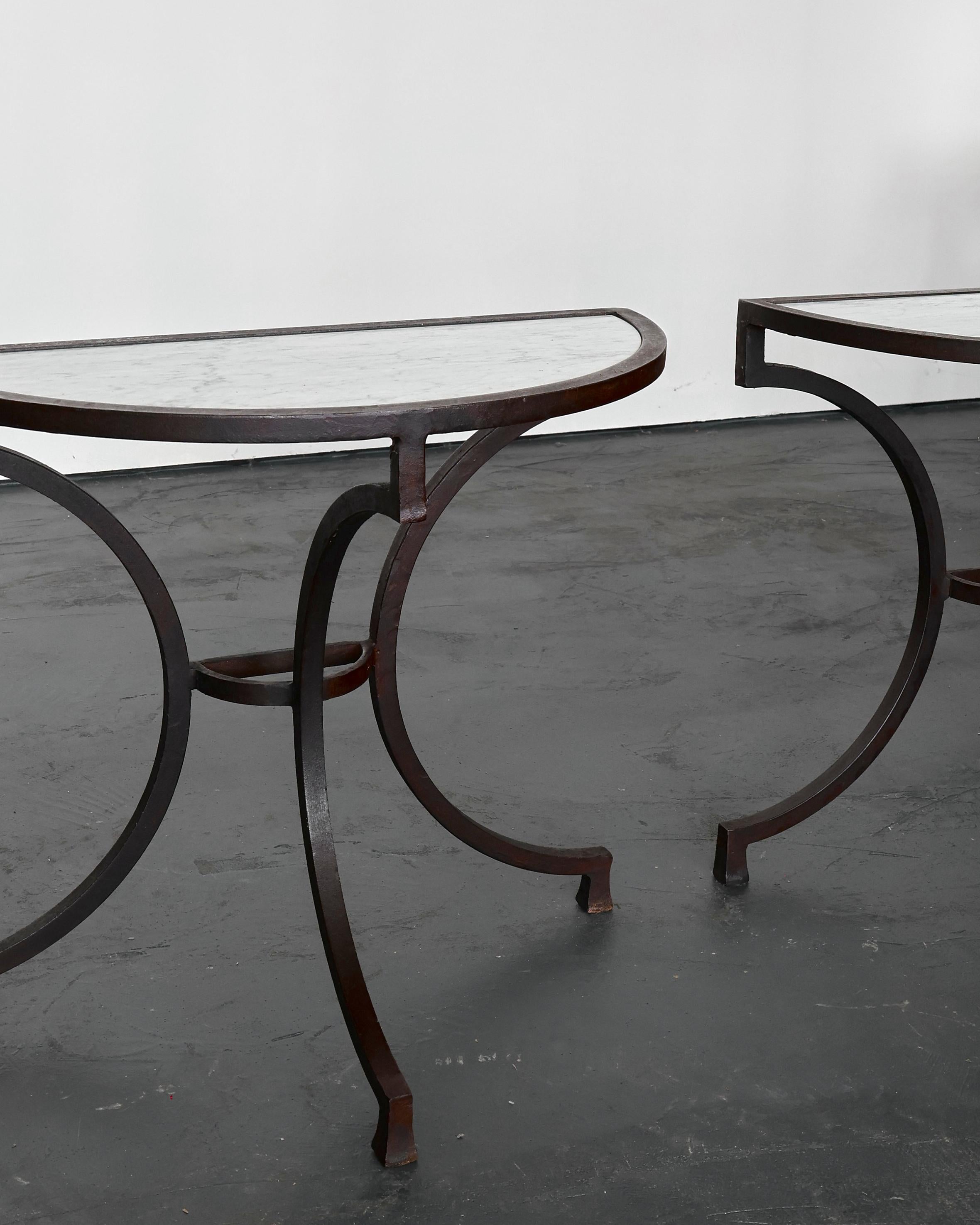 Mid-20th Century Pair Of Incredible Marble & Iron Demi Lune Spanish Console Tables For Sale
