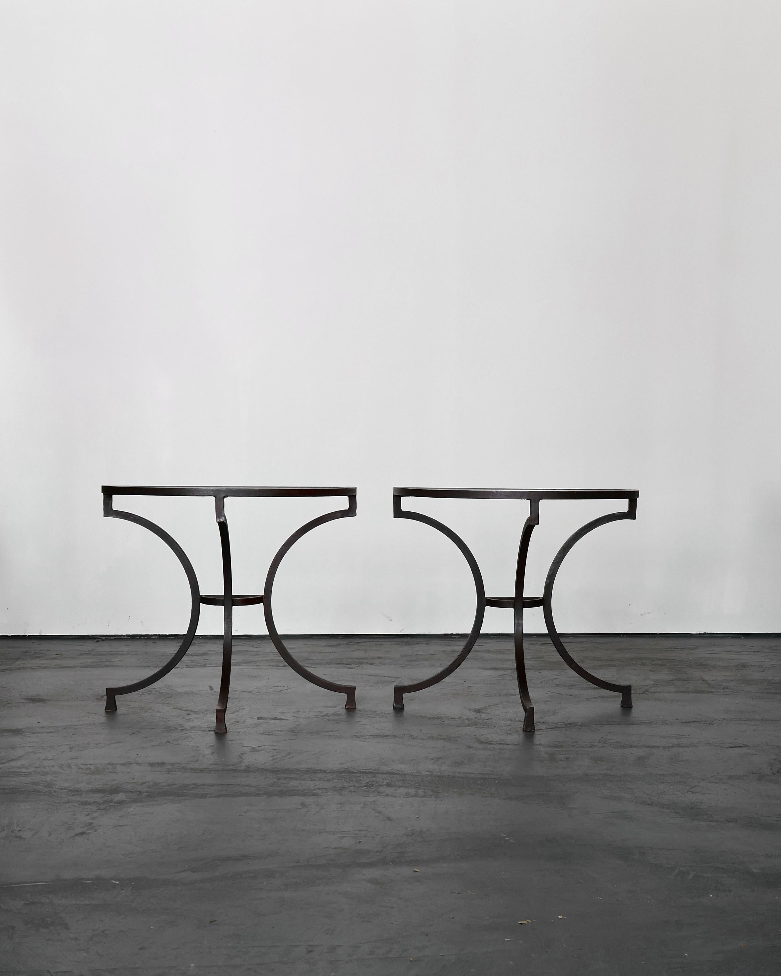 Pair Of Incredible Marble & Iron Demi Lune Spanish Console Tables For Sale 1