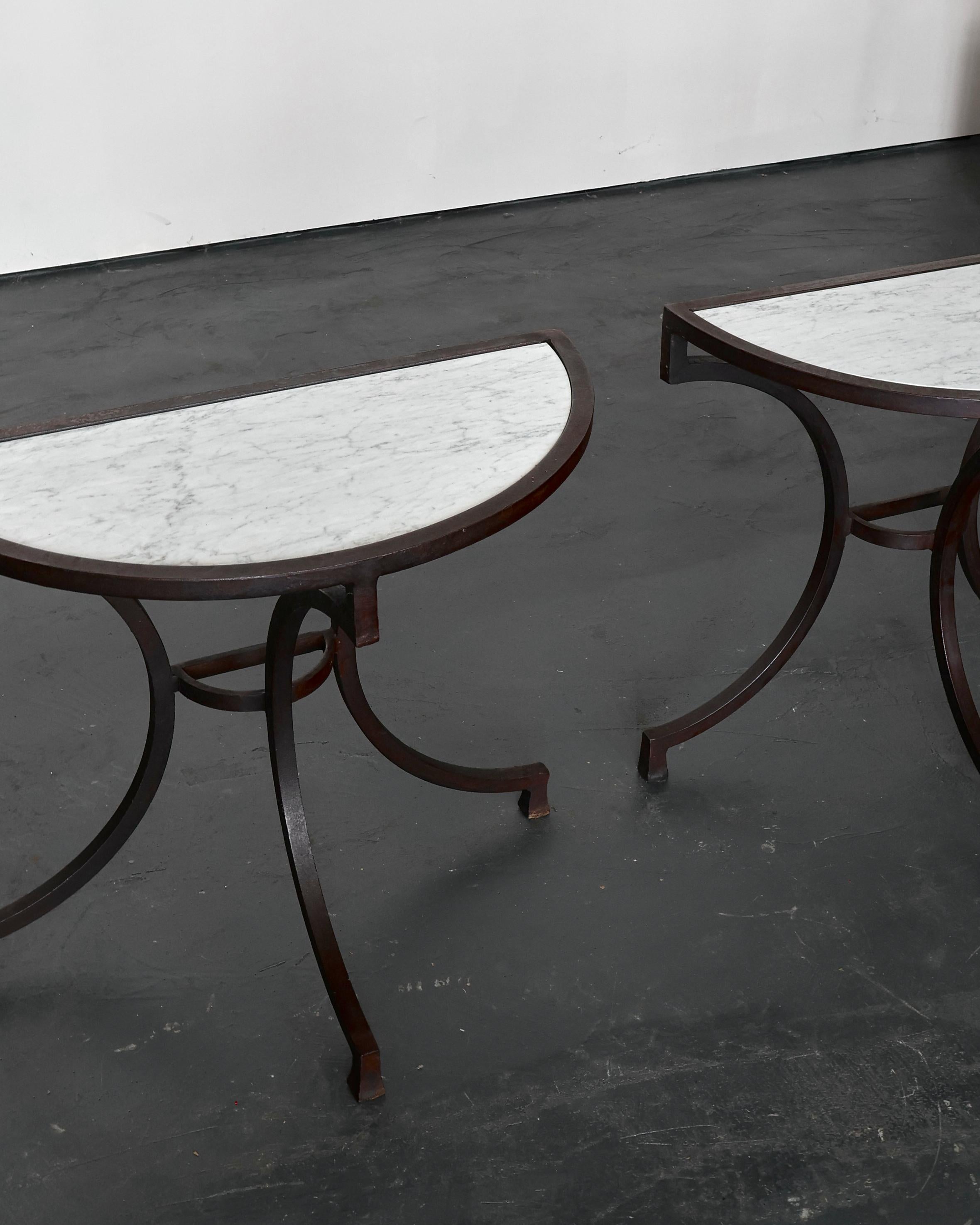 Pair Of Incredible Marble & Iron Demi Lune Spanish Console Tables For Sale 2