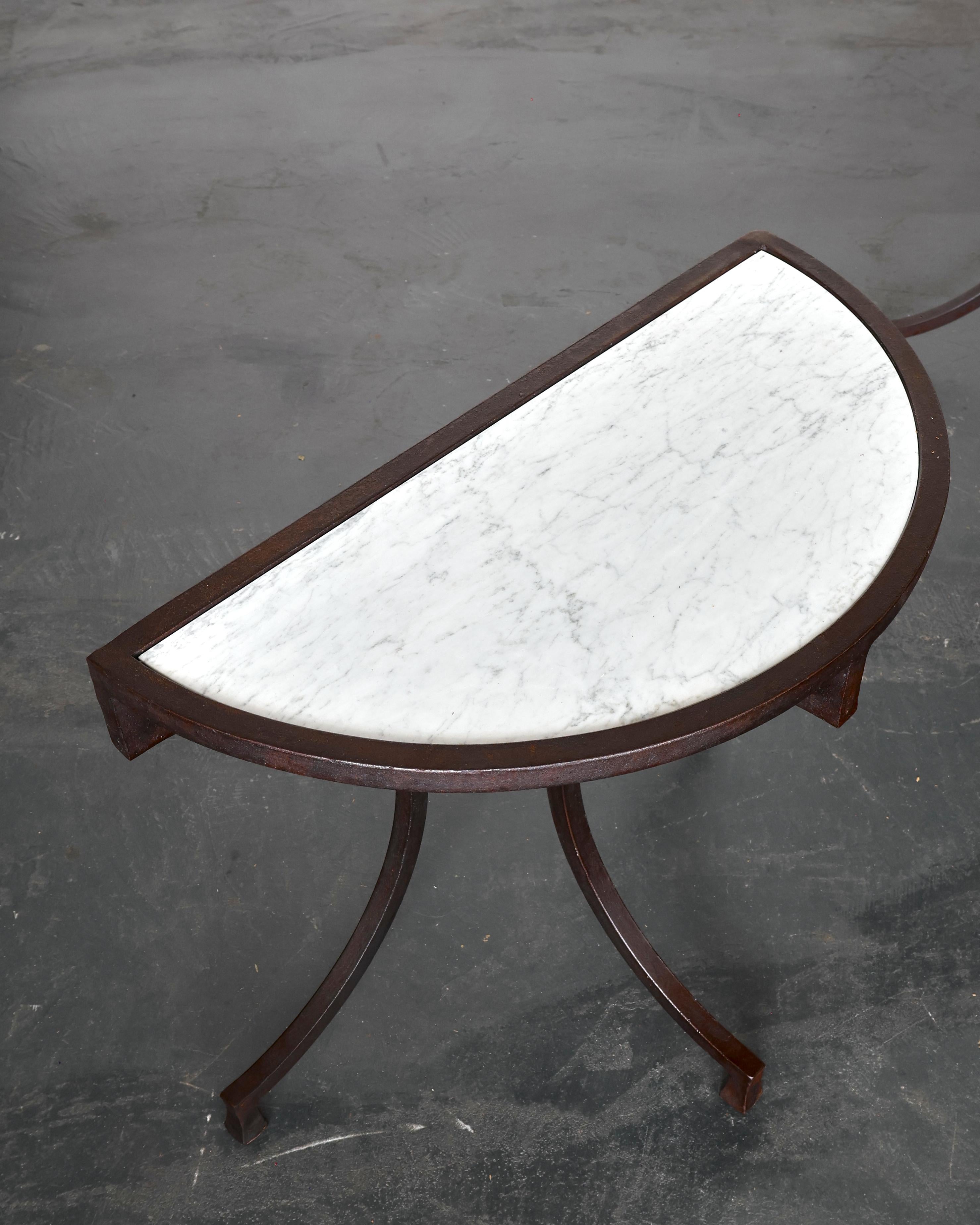 Pair Of Incredible Marble & Iron Demi Lune Spanish Console Tables For Sale 4