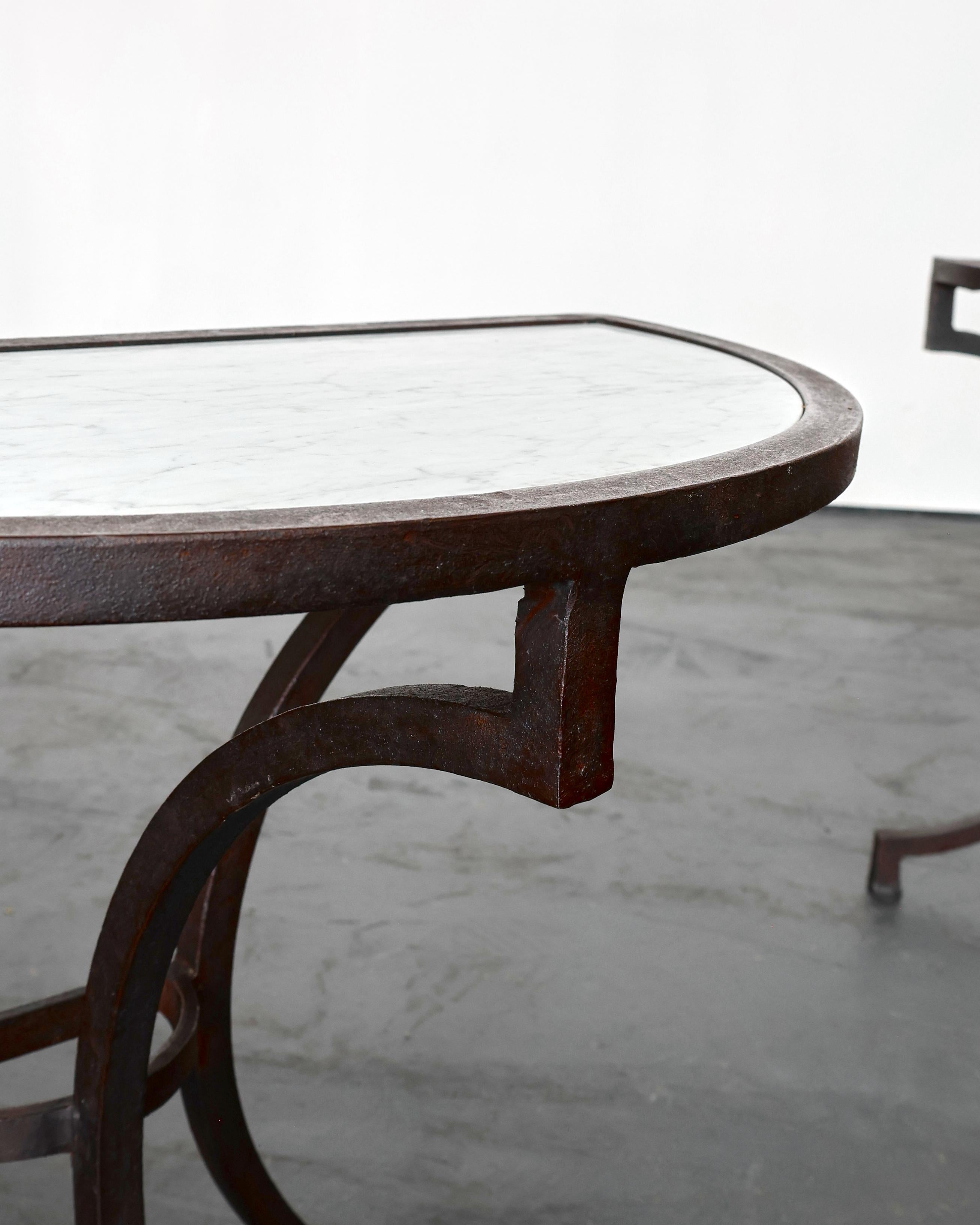 Pair Of Incredible Marble & Iron Demi Lune Spanish Console Tables For Sale 5