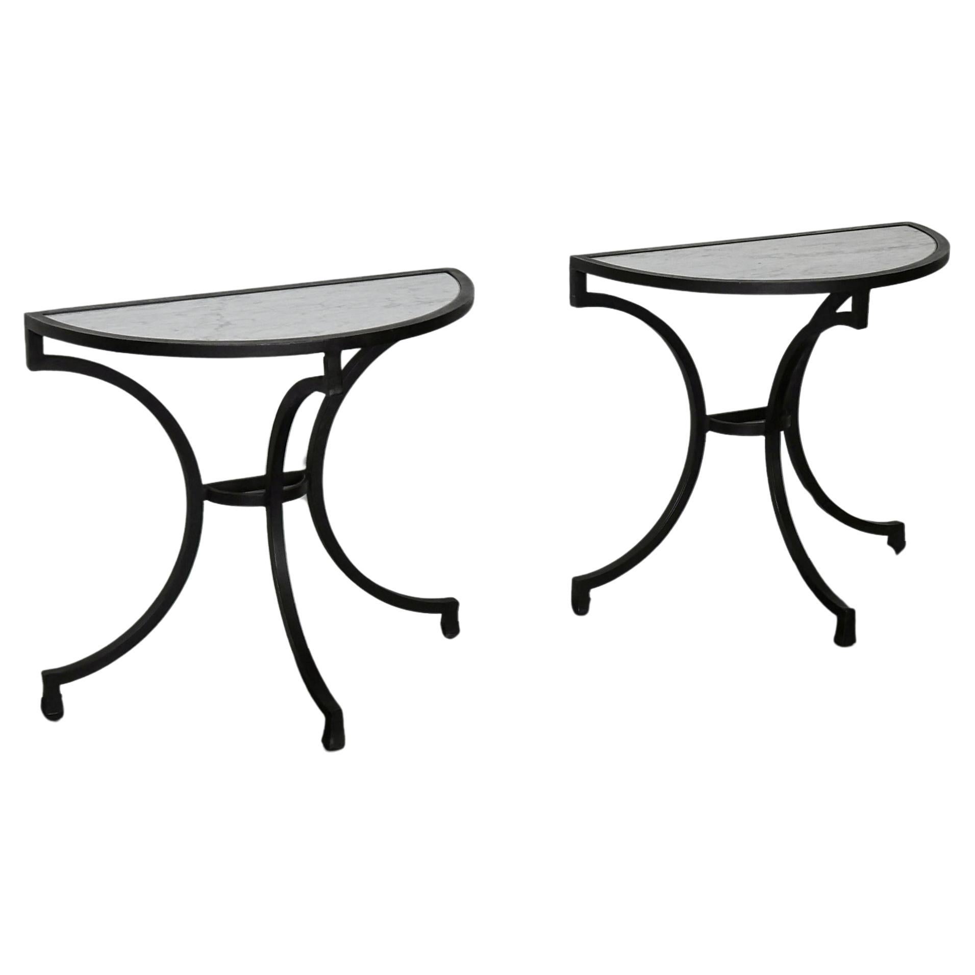 Pair Of Incredible Marble & Iron Demi Lune Spanish Console Tables
