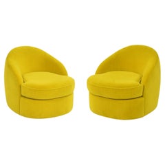 Pair of India Mahdavi Botero Swivel Armchairs in Yellow Mohair