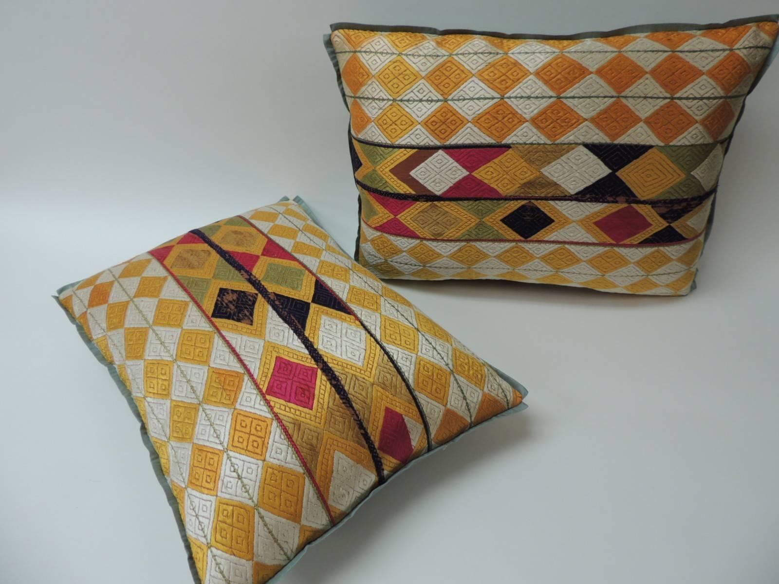 Moorish Pair of Indian 19th Century “Phulkari” Artisanal Decorative Bolster Pillow