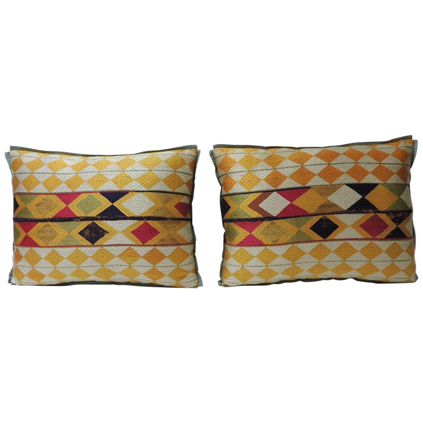 Pair of Indian 19th Century “Phulkari” Artisanal Decorative Bolster Pillow