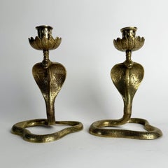 Pair of Indian Art Deco Brass Cobra Candlesticks, circa 1930s–1940s