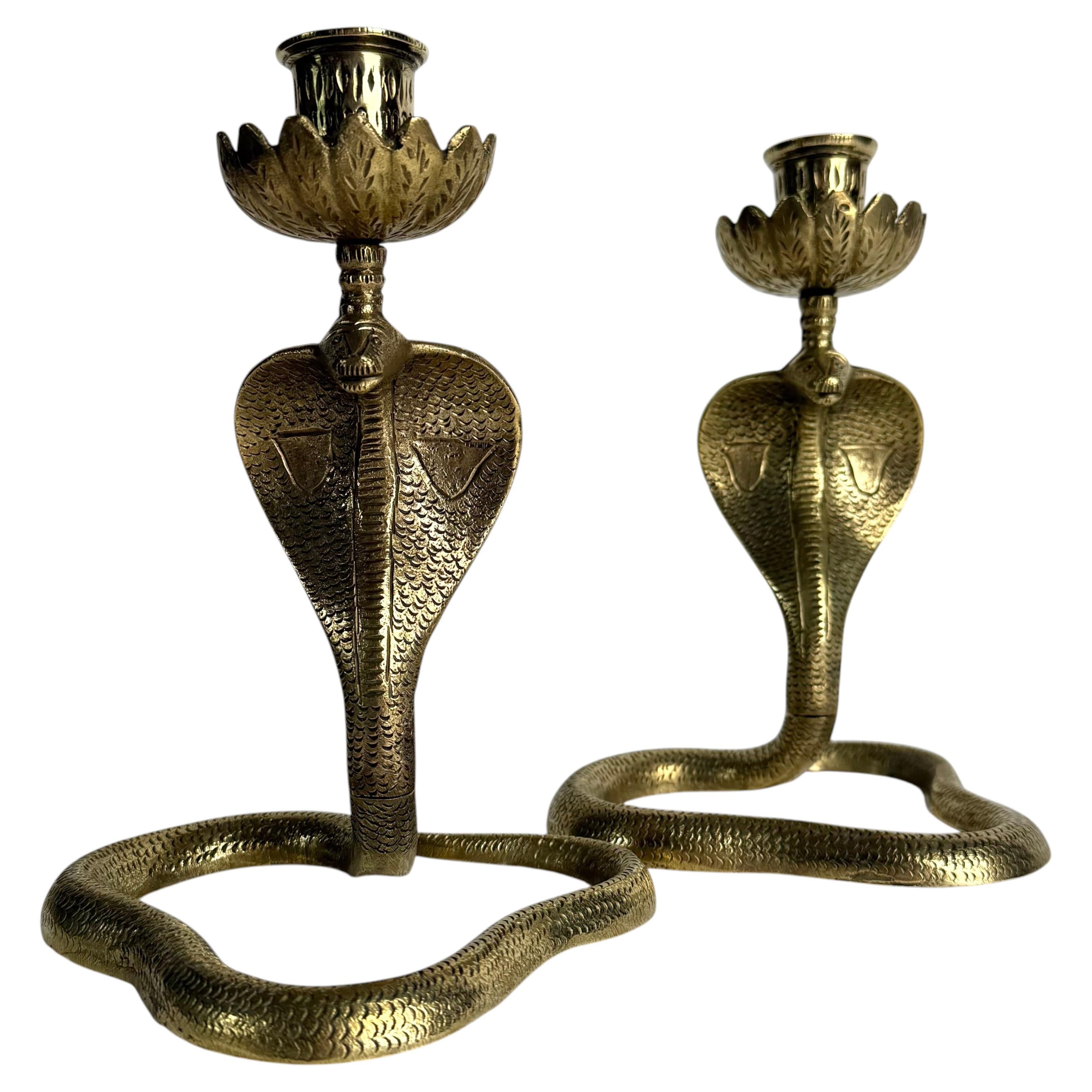 Pair of Indian Art Deco Brass Cobra Candlesticks, circa 1930s–1940s