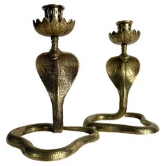 Pair of Indian Art Deco Brass Cobra Candlesticks, circa 1930s–1940s