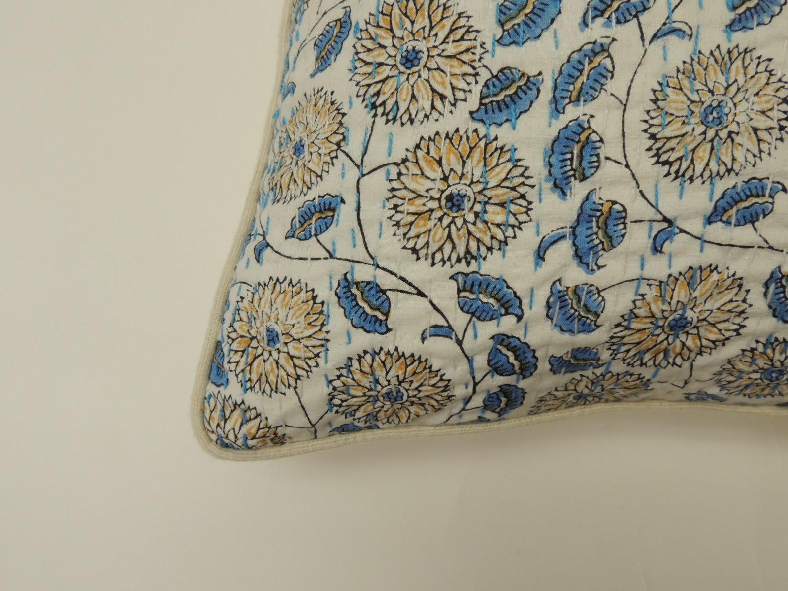 Pair of Indian quilted lotus in blue and yellow decorative pillows.
Vintage floral hand quilted Indian pillow in yellow, blue and natural. Natural linen backing and piping.
The price on the pillow includes a custom ATG feather/down insert.