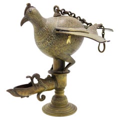 Pair of Indian Deccan Hanging Bronze Oil Lamps in the Shape of Birds