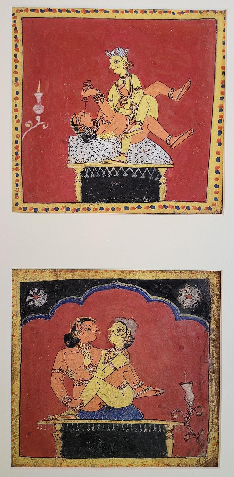 Archaistic Pair of Indian Erotic Paintings from a Kama Sutra Series For Sale