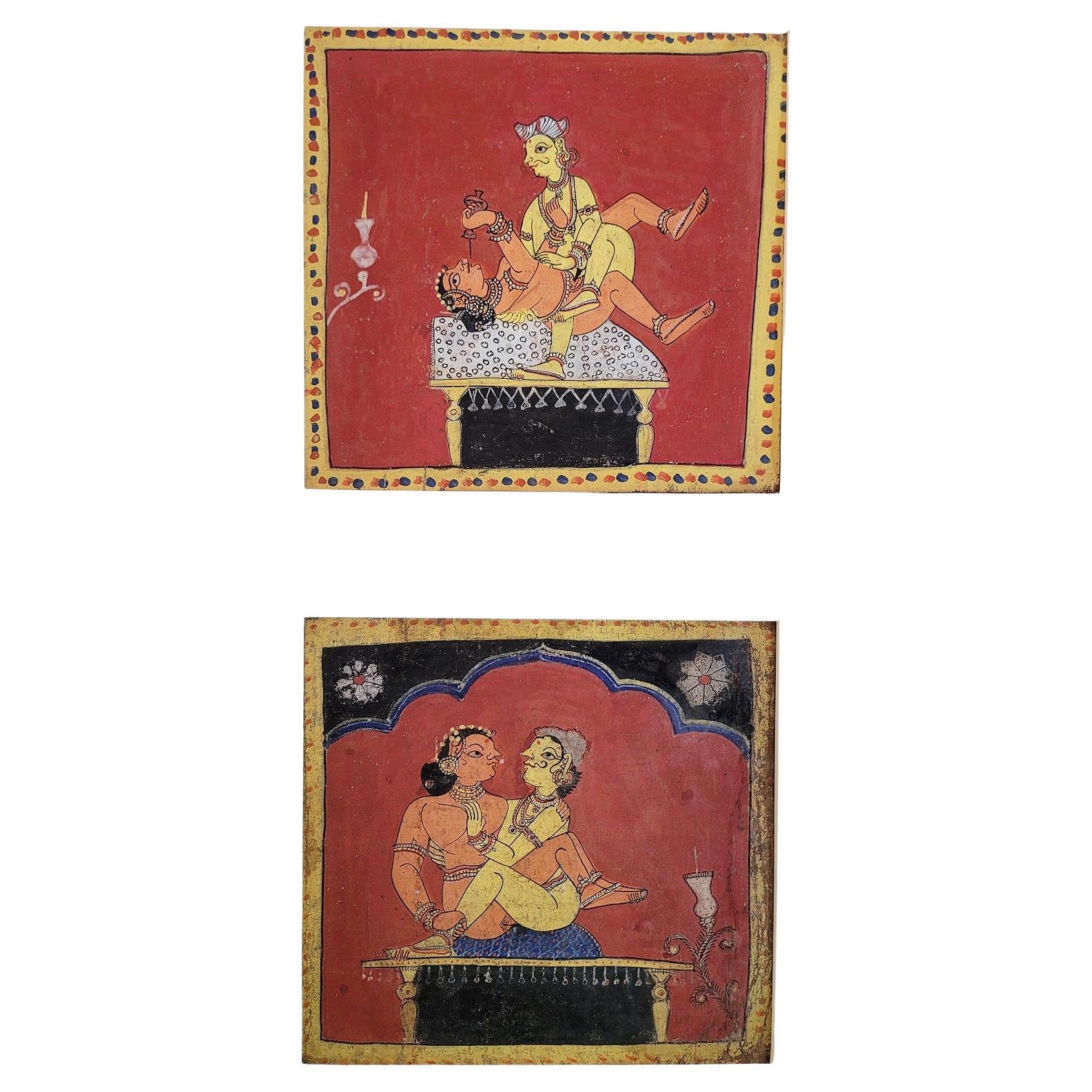 Paire de peintures érotiques indiennes d'une série Kama Sutra