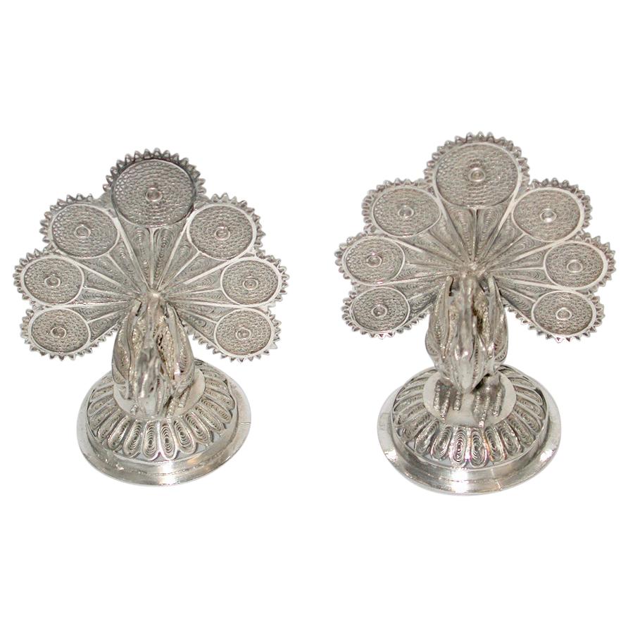 Pair of Indian Filigree Silver Peacock Menu Holders, Dated circa 1920 For Sale