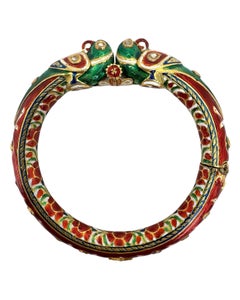 Pair of Indian Gold Enamel Animal Motif Bangles with Diamonds