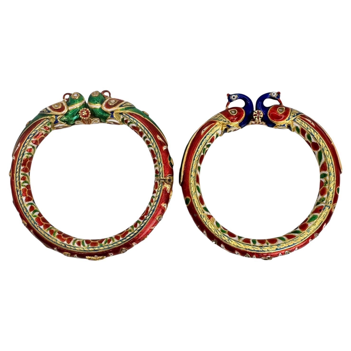 Pair of Indian Gold, Enamel, and Diamond Animal Motif Bangles
