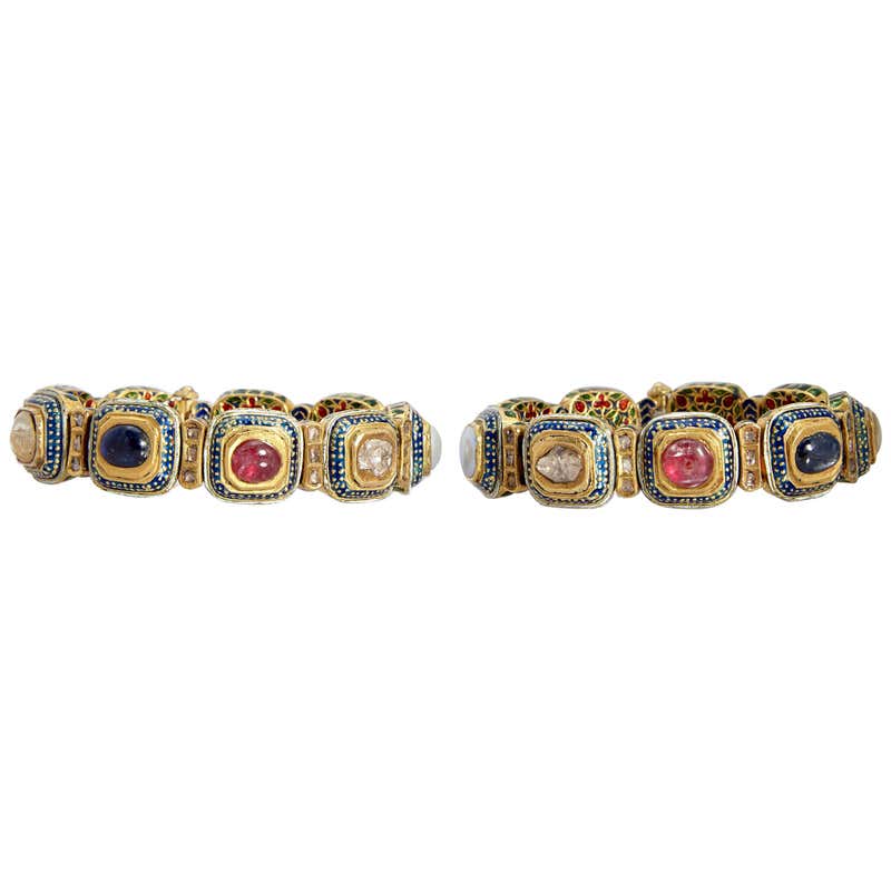 Pair of Indian Gold Navratna Bracelets at 1stDibs | indian gold bracelets
