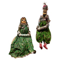 Pair of Indian Handmade Used Rajasthani Kathputli Puppets   