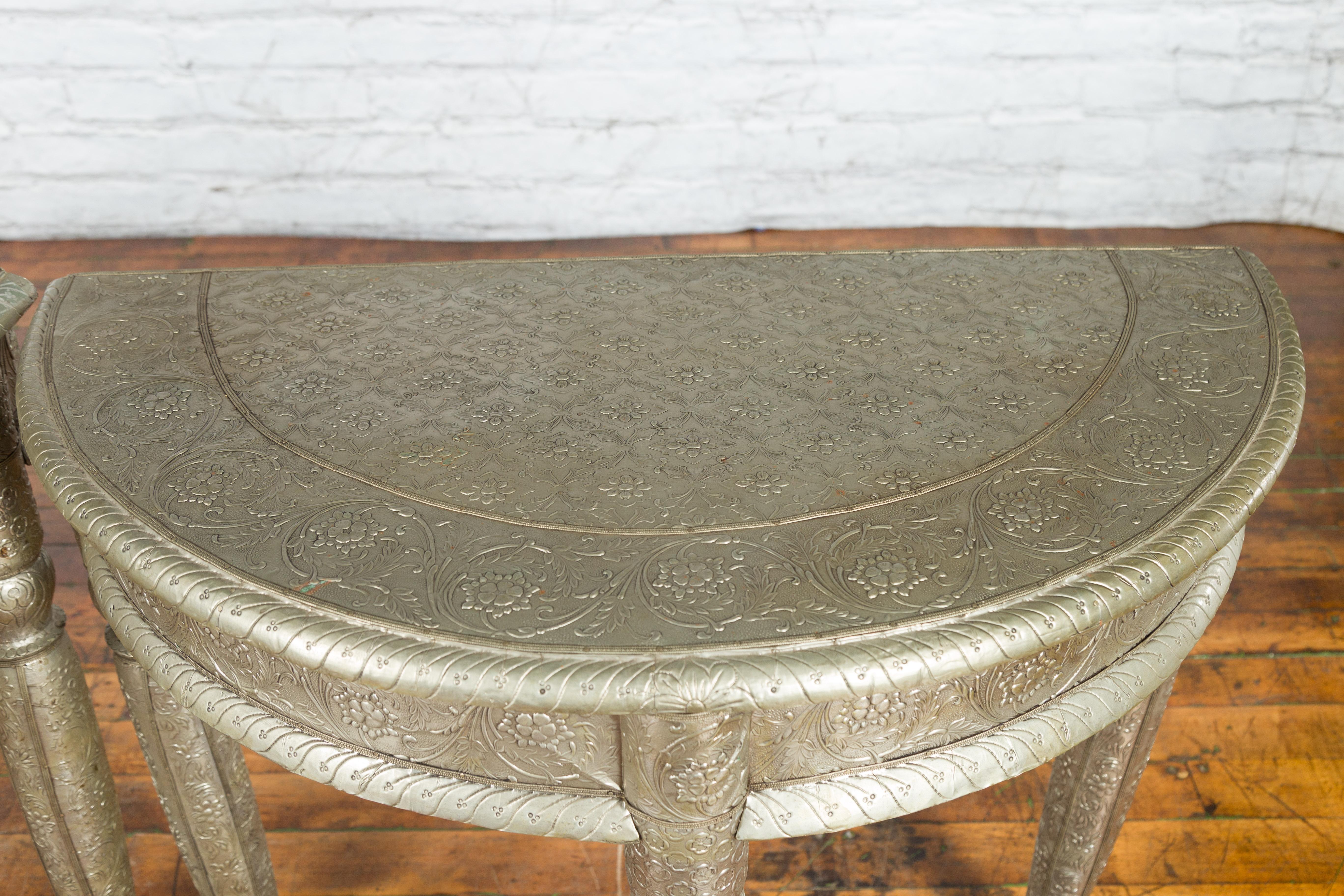 Pair of Indian Metal Sheathing Repoussé Demilune Tables with Floral Arabesques For Sale 4