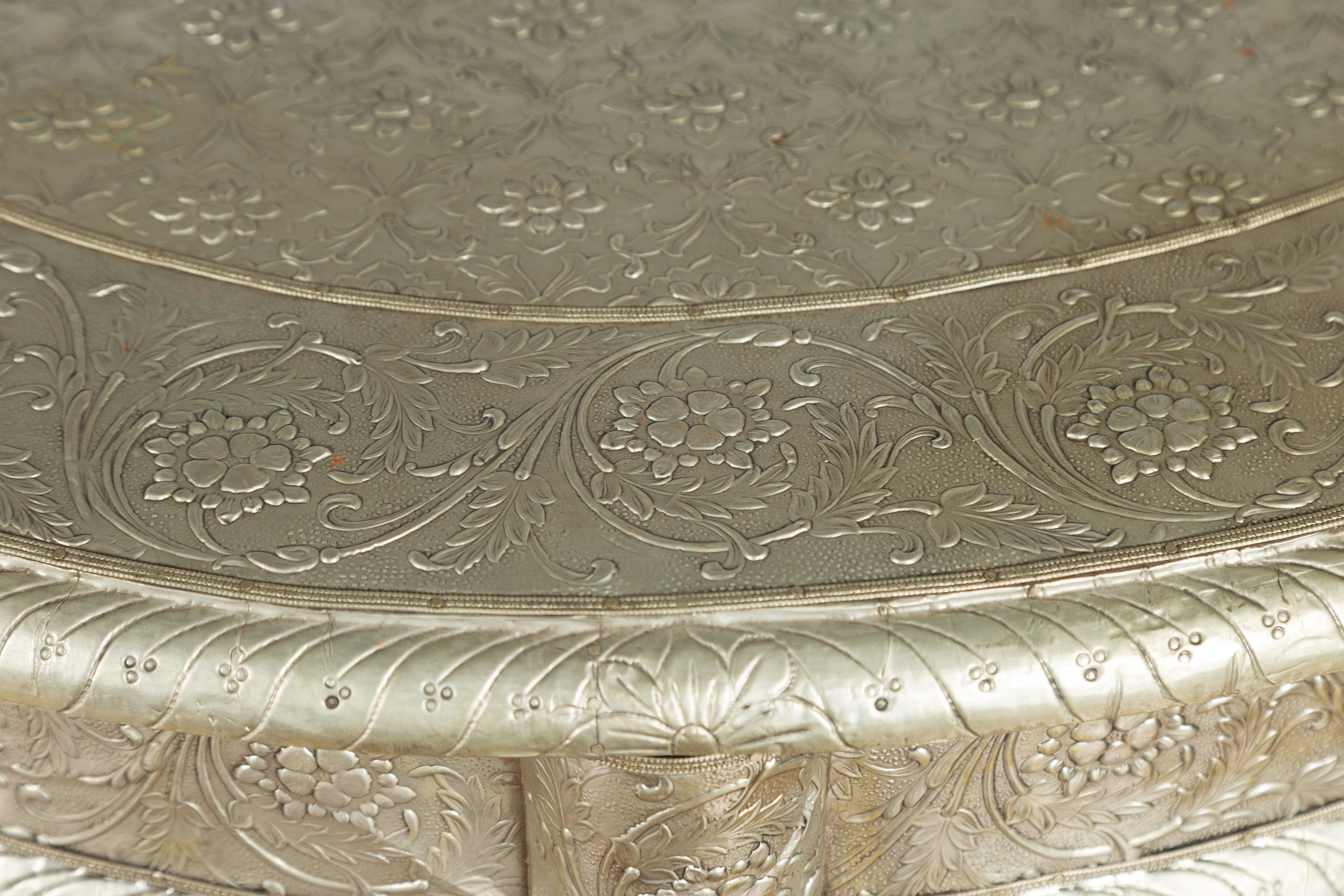 Pair of Indian Metal Sheathing Repoussé Demilune Tables with Floral Arabesques For Sale 8