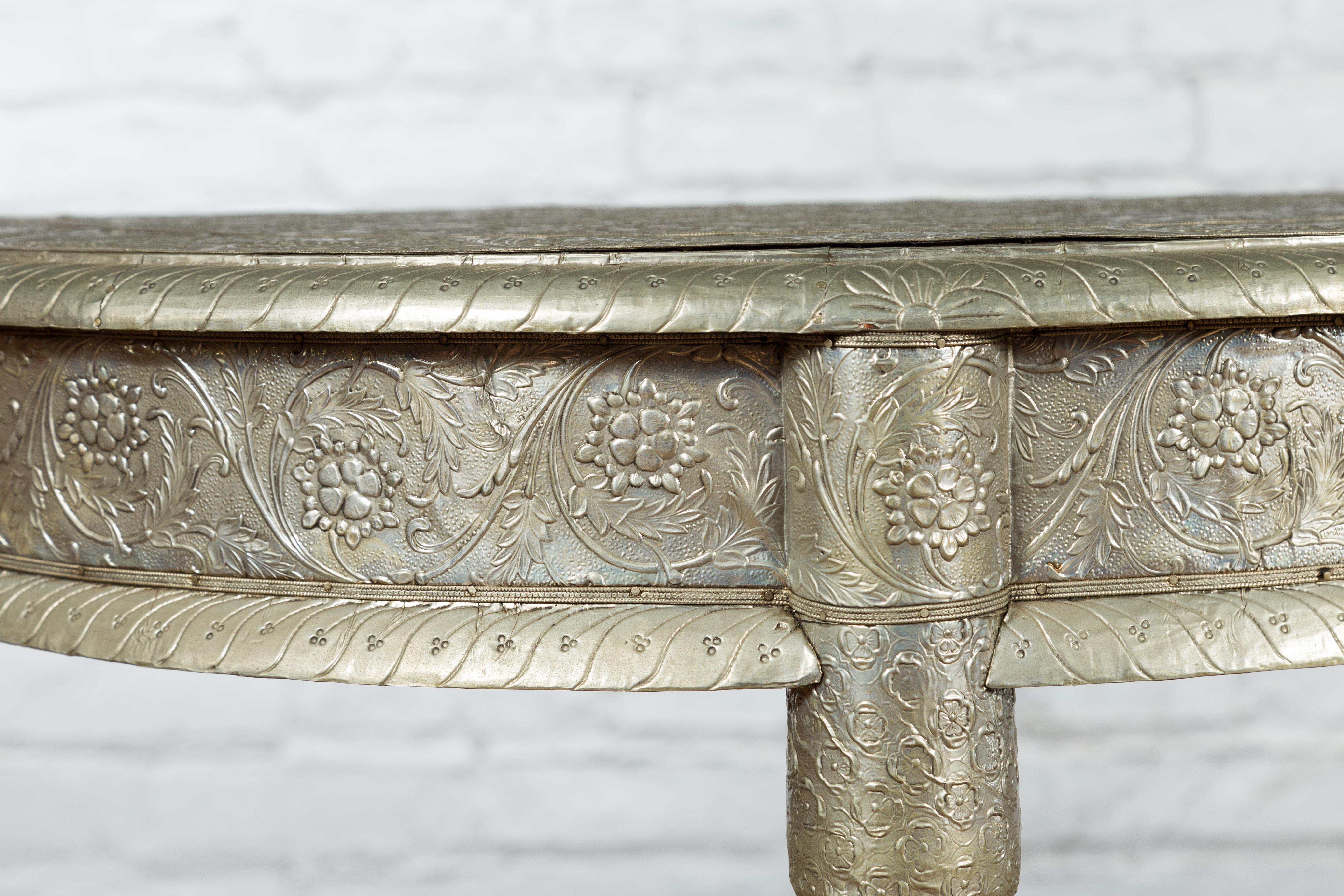 Pair of Indian Metal Sheathing Repoussé Demilune Tables with Floral Arabesques For Sale 9