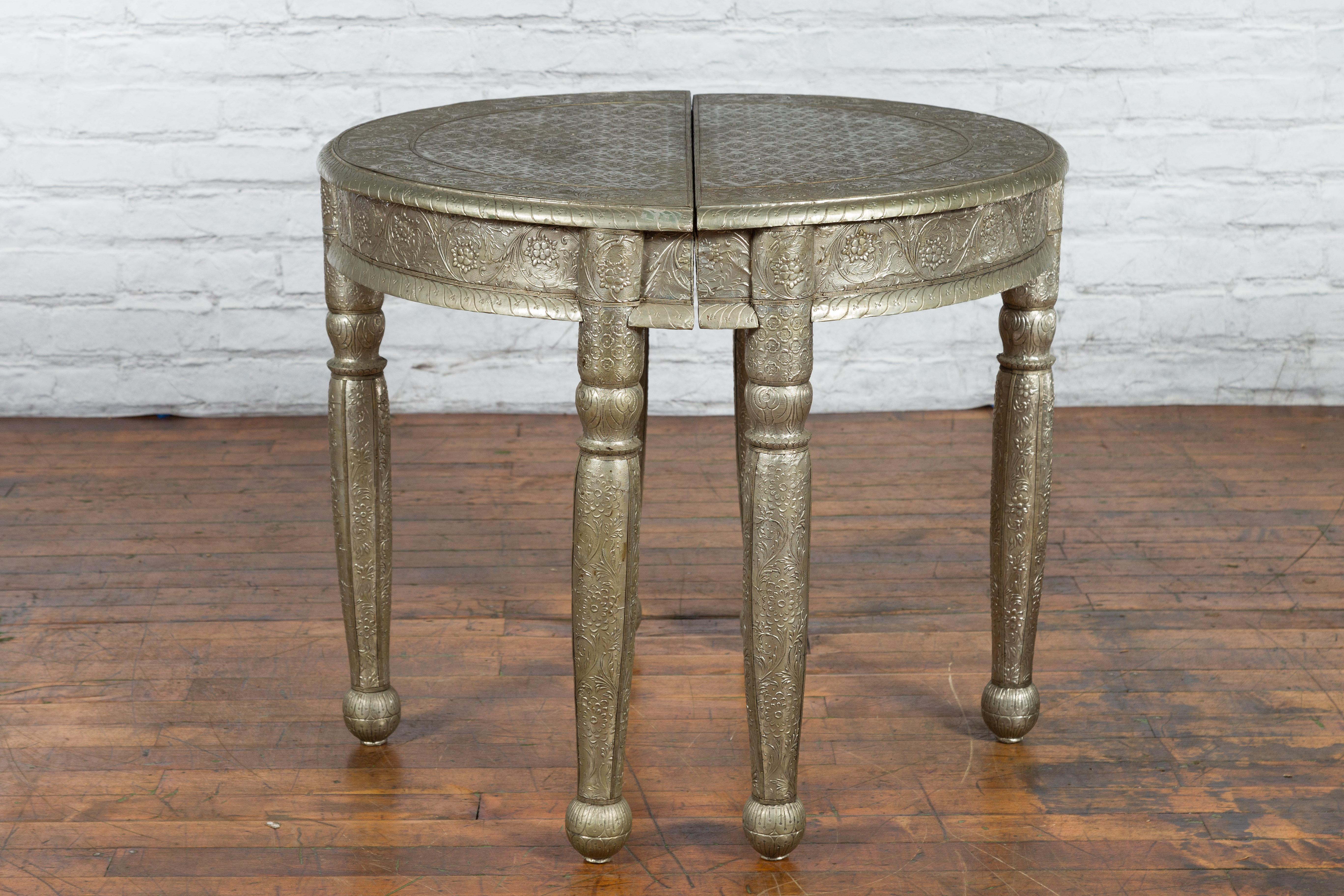 Pair of Indian Metal Sheathing Repoussé Demilune Tables with Floral Arabesques For Sale 11