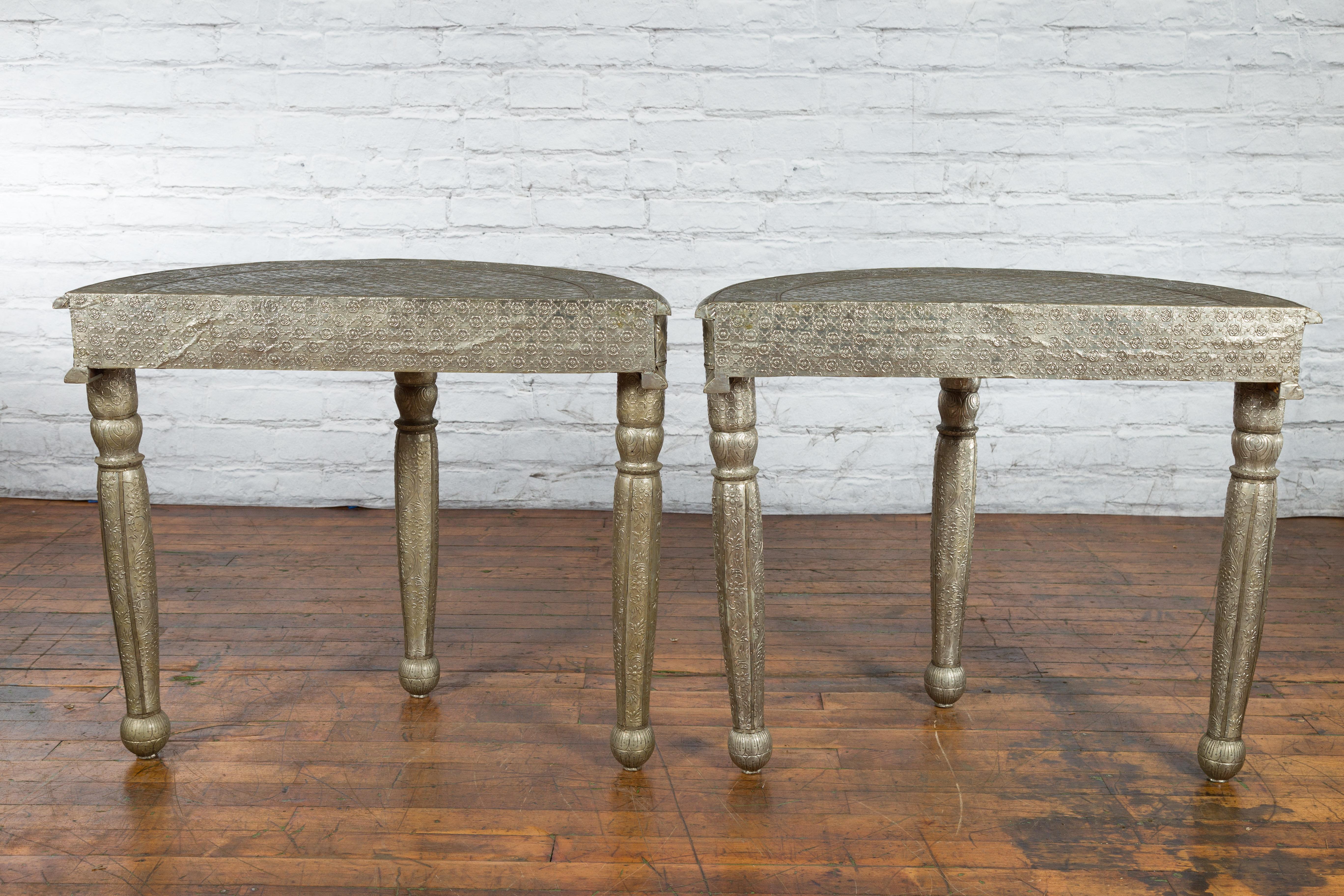 Pair of Indian Metal Sheathing Repoussé Demilune Tables with Floral Arabesques For Sale 13