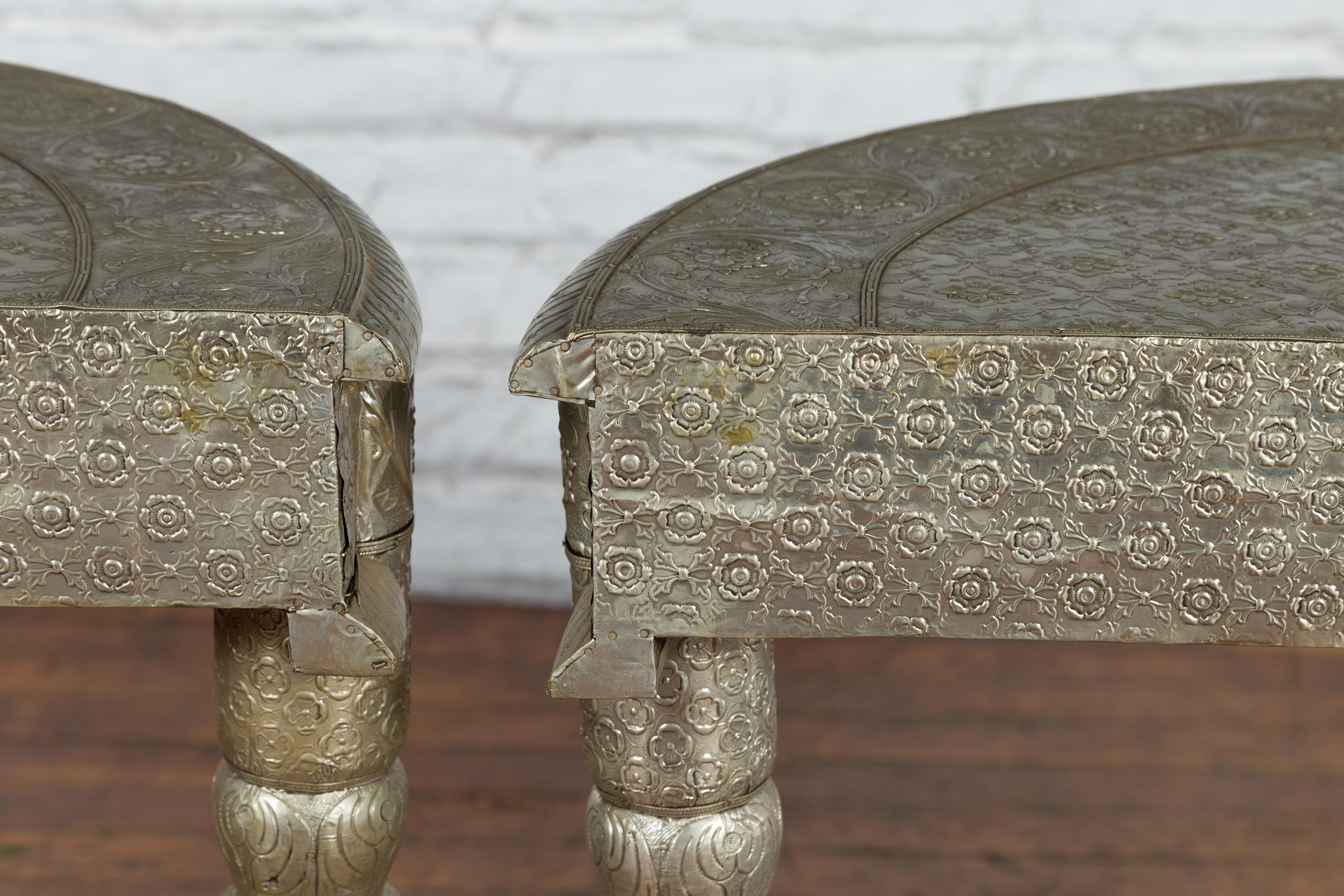 Pair of Indian Metal Sheathing Repoussé Demilune Tables with Floral Arabesques For Sale 14