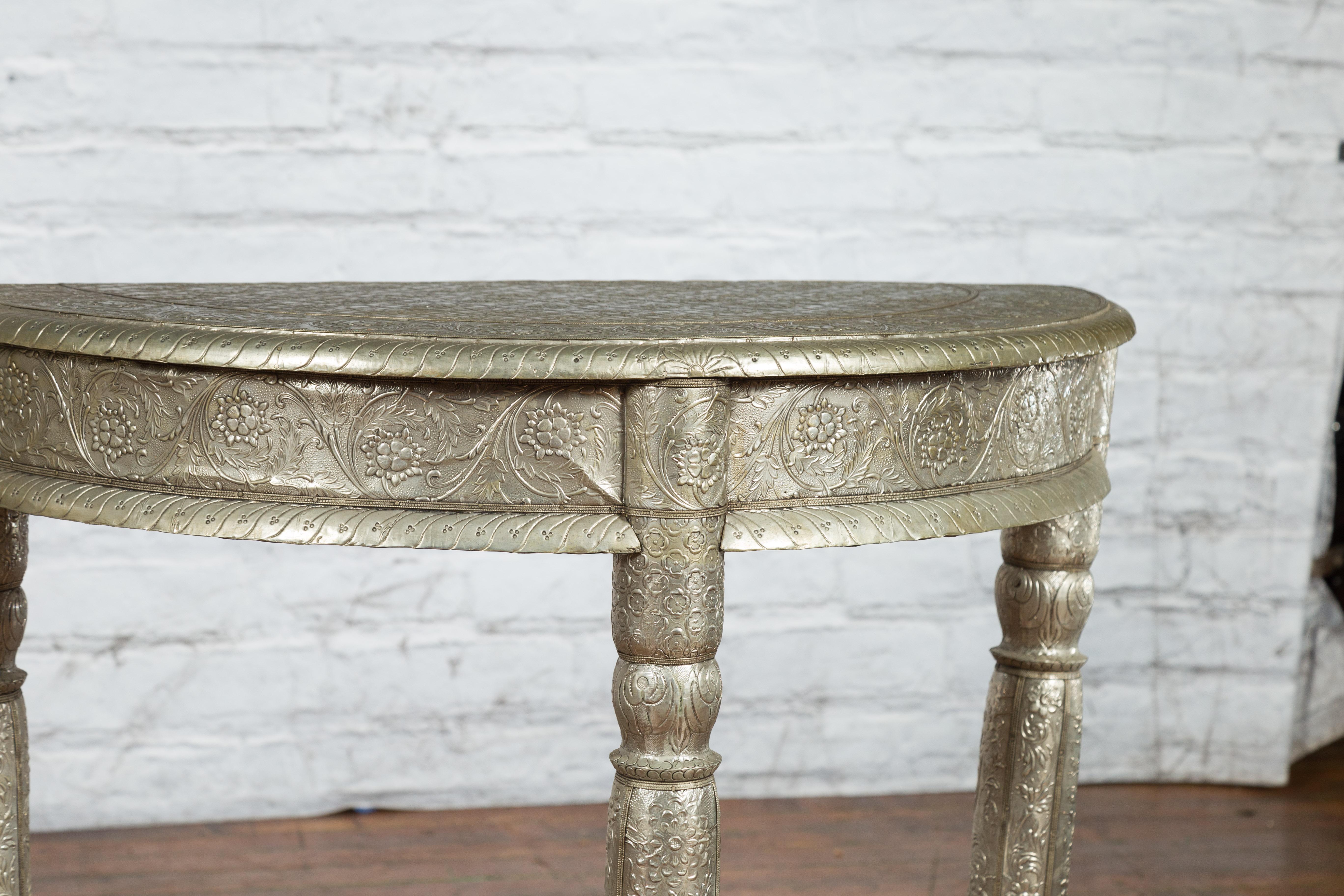 Pair of Indian Metal Sheathing Repoussé Demilune Tables with Floral Arabesques For Sale 2