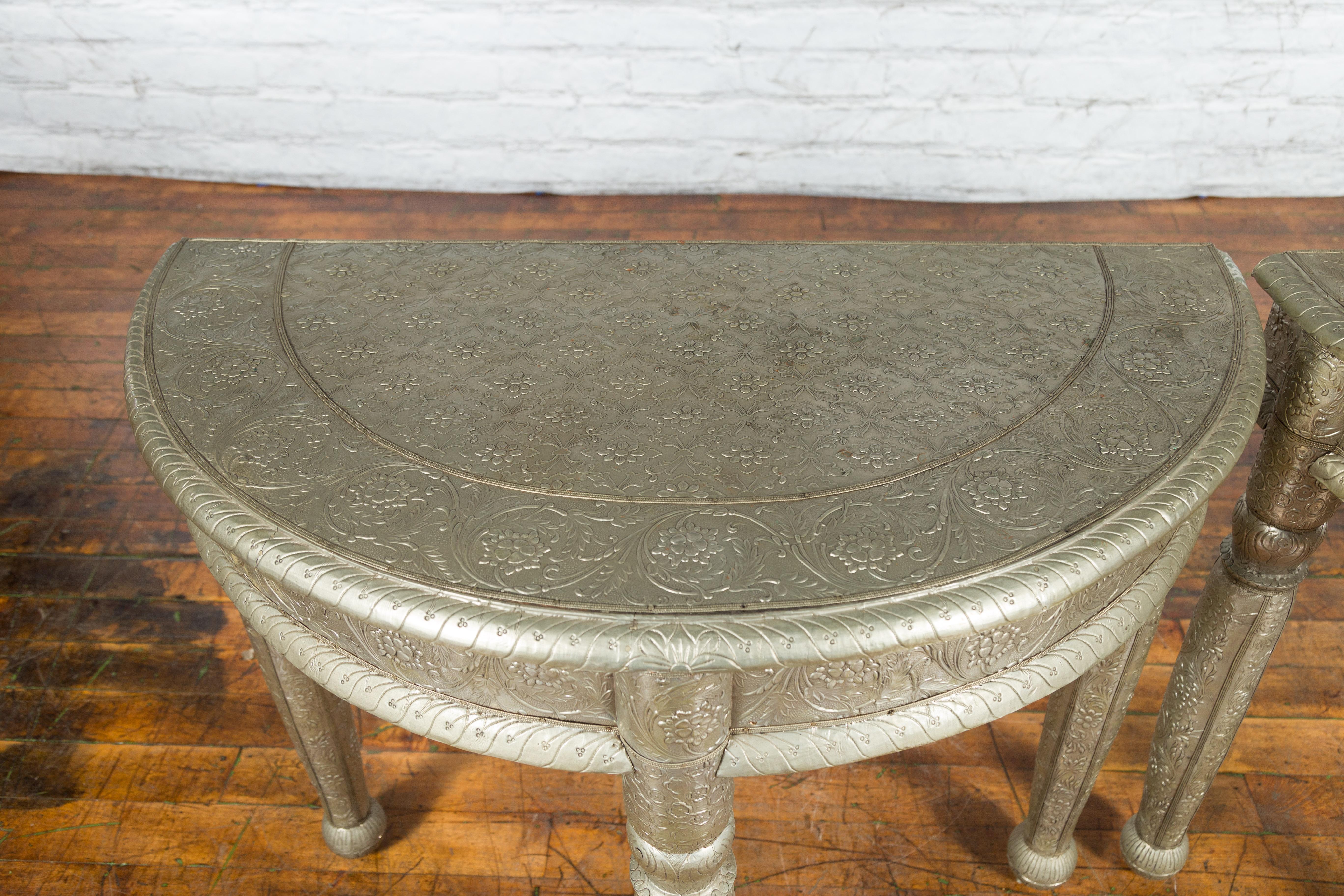 Pair of Indian Metal Sheathing Repoussé Demilune Tables with Floral Arabesques For Sale 3