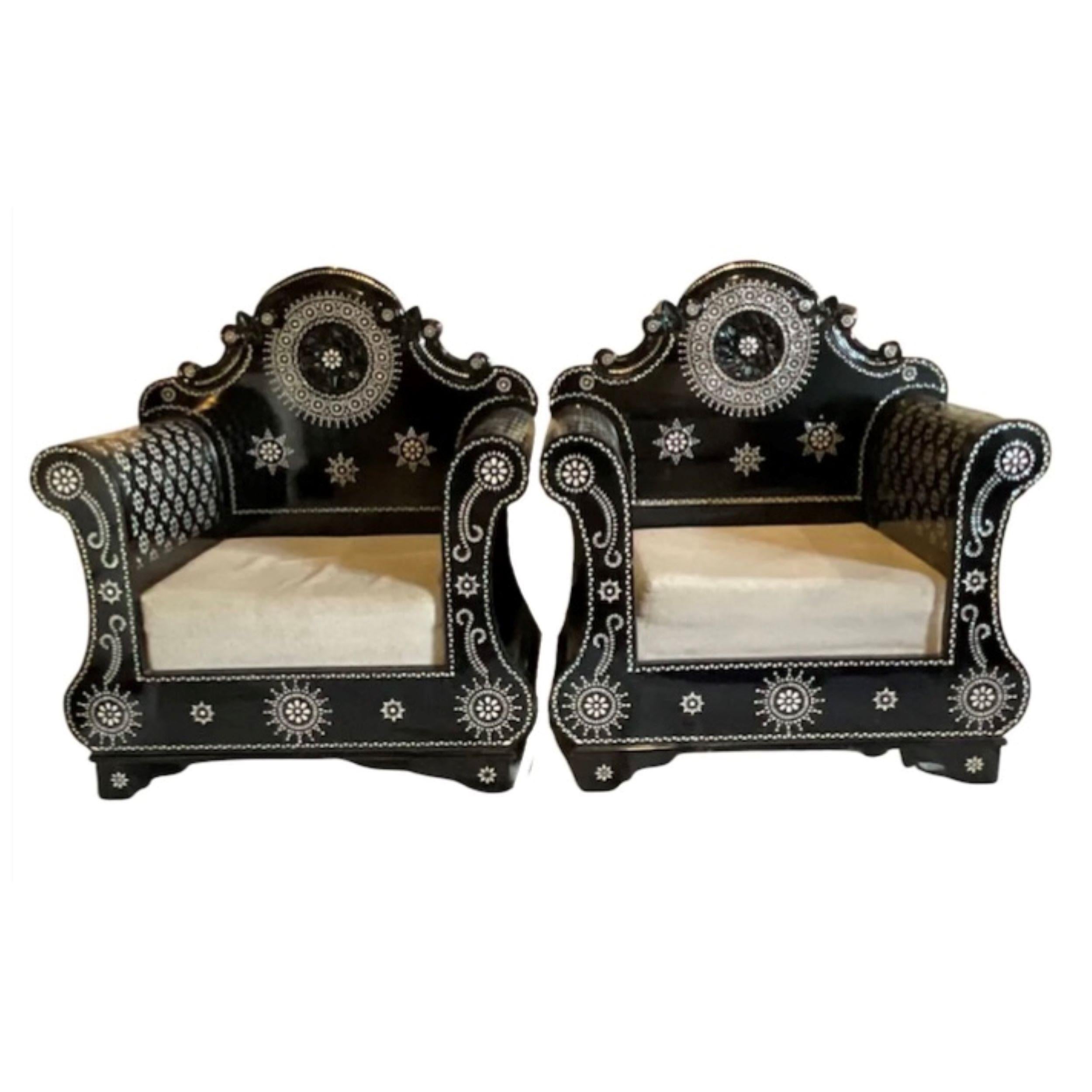 Early 20th Century Pair of Indian Mother of Pearl Inlay Chairs