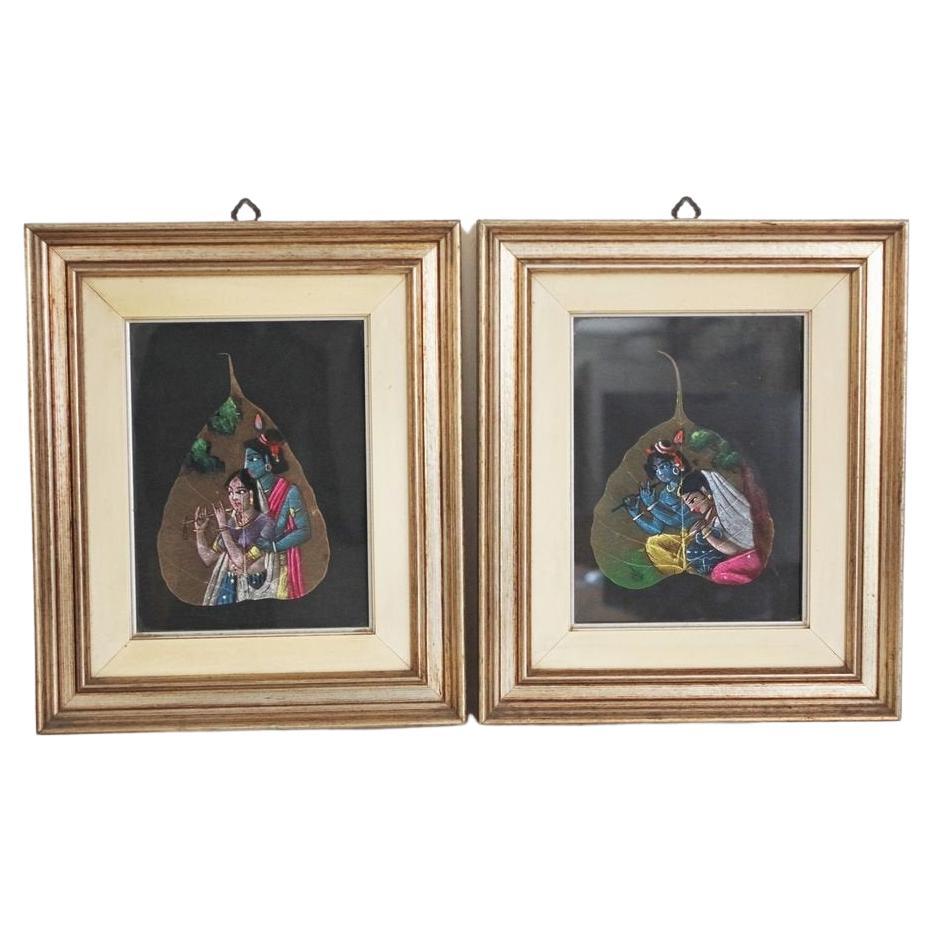 Pareja de pinturas indias sobre hojas - Años 70