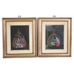 Pair of Indian Paintings on Leaves - 1970s