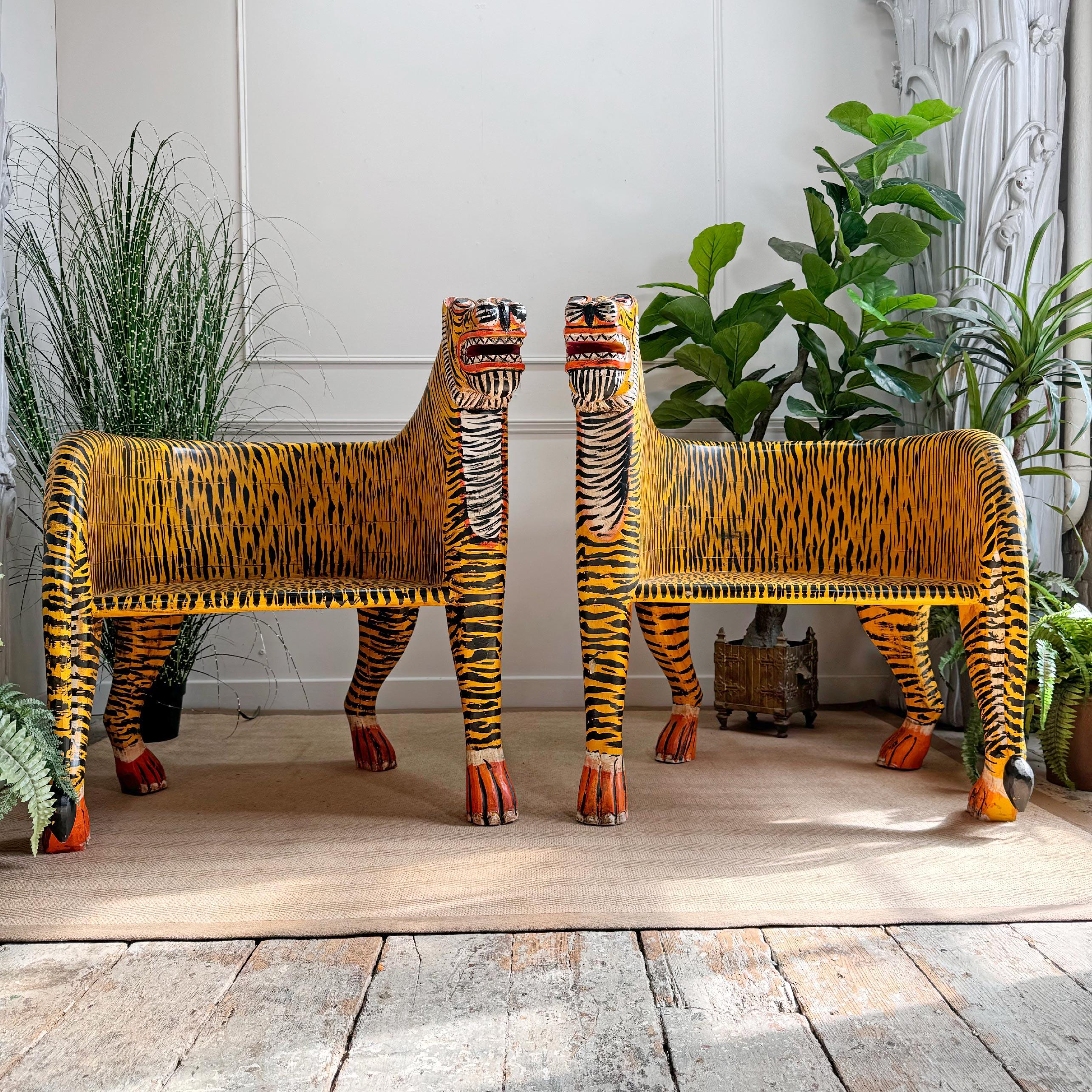 Pair of Indian Polychrome Tiger Throne Chairs For Sale 2