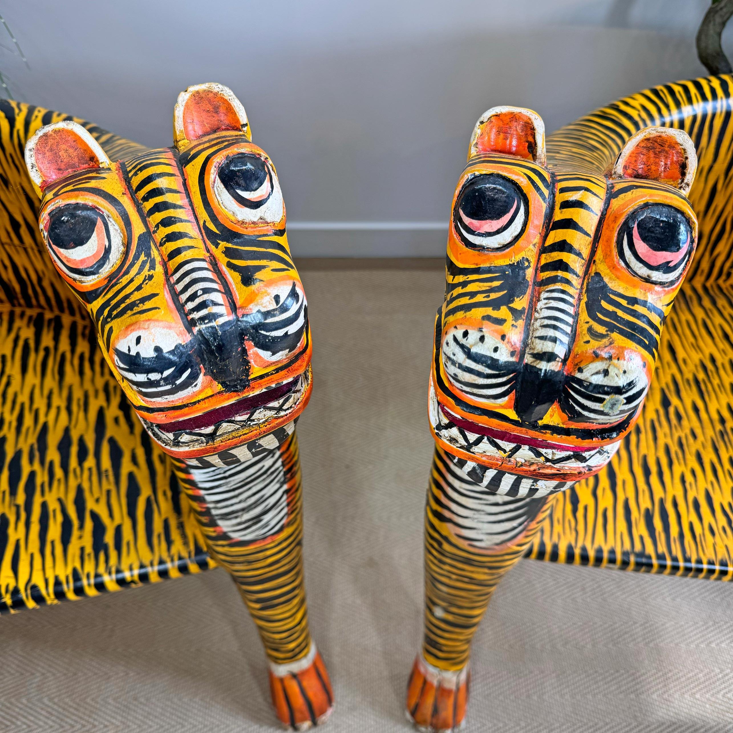 Pair of Indian Polychrome Tiger Throne Chairs For Sale 3