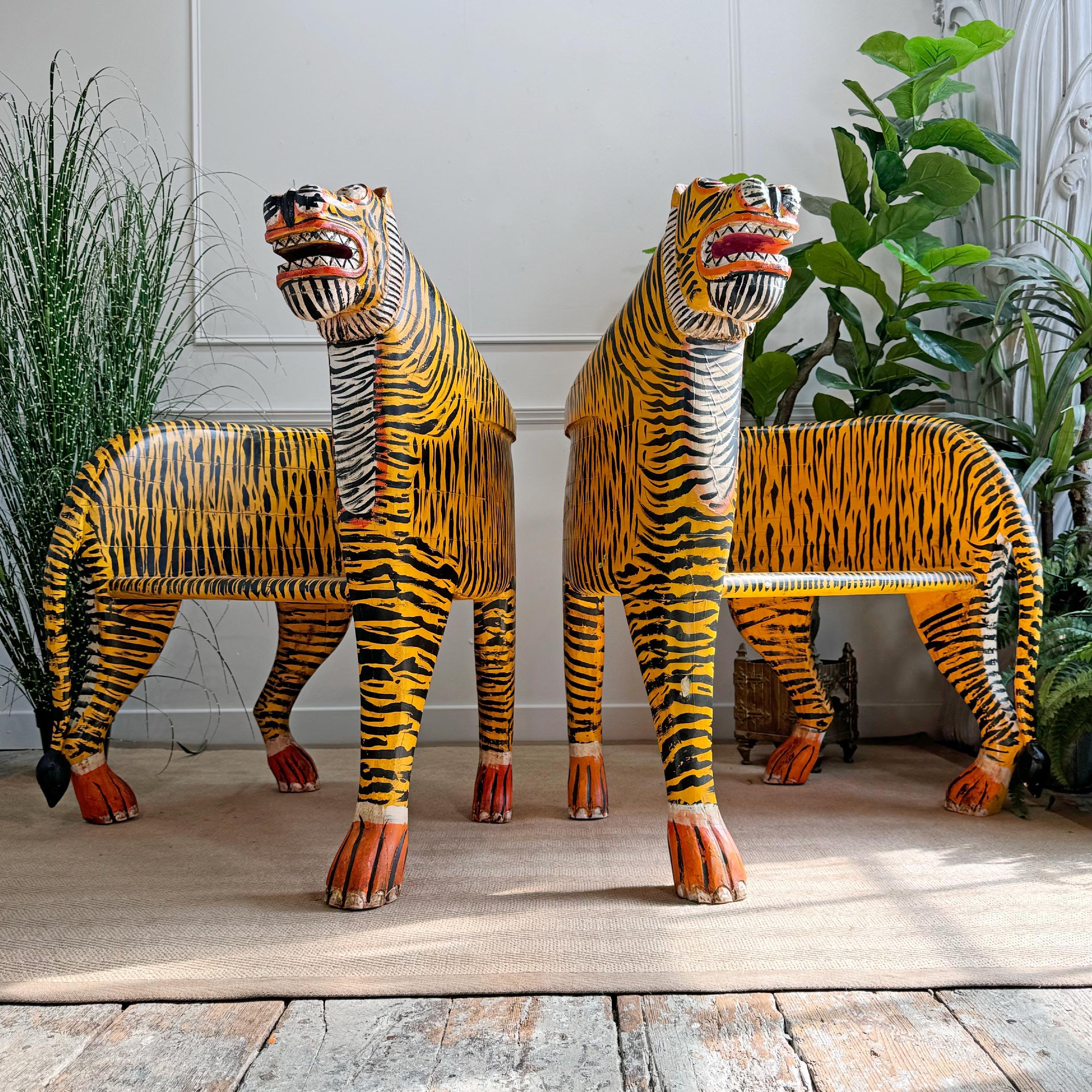 Pair of Indian Polychrome Tiger Throne Chairs For Sale 4