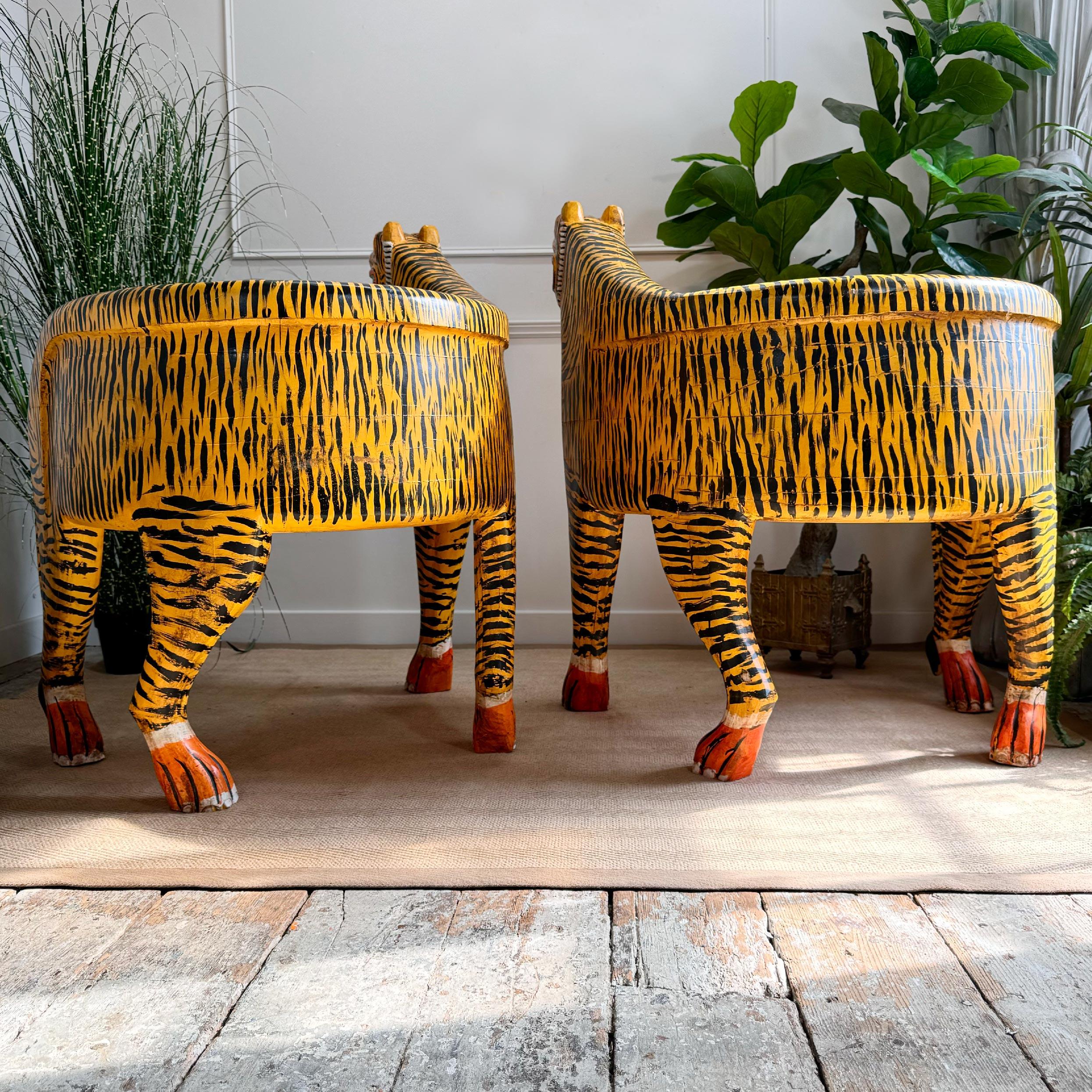 Pair of Indian Polychrome Tiger Throne Chairs For Sale 5